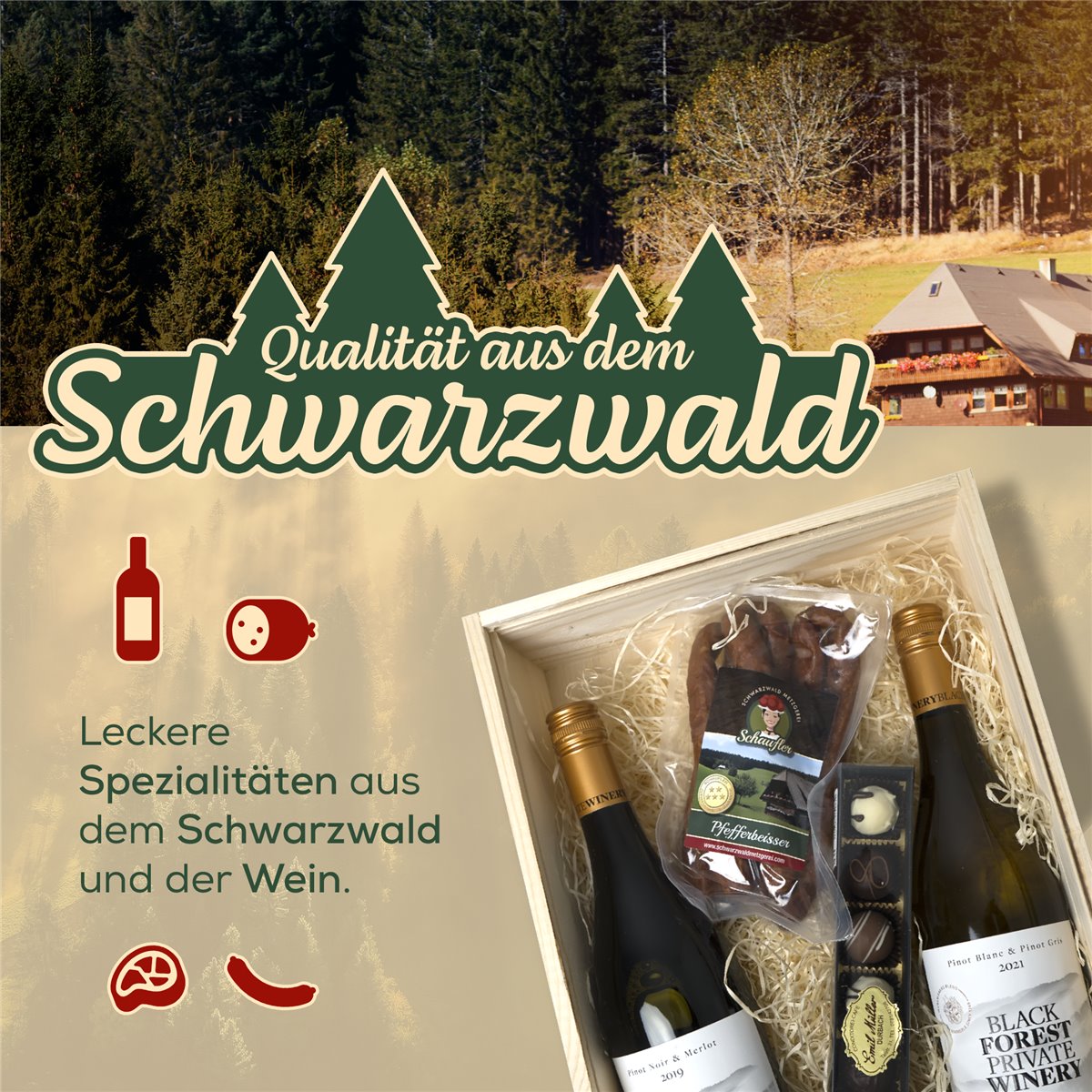 Badische Weinkiste - Rot und Weisswein, Pfefferbeisser, Pralinen
