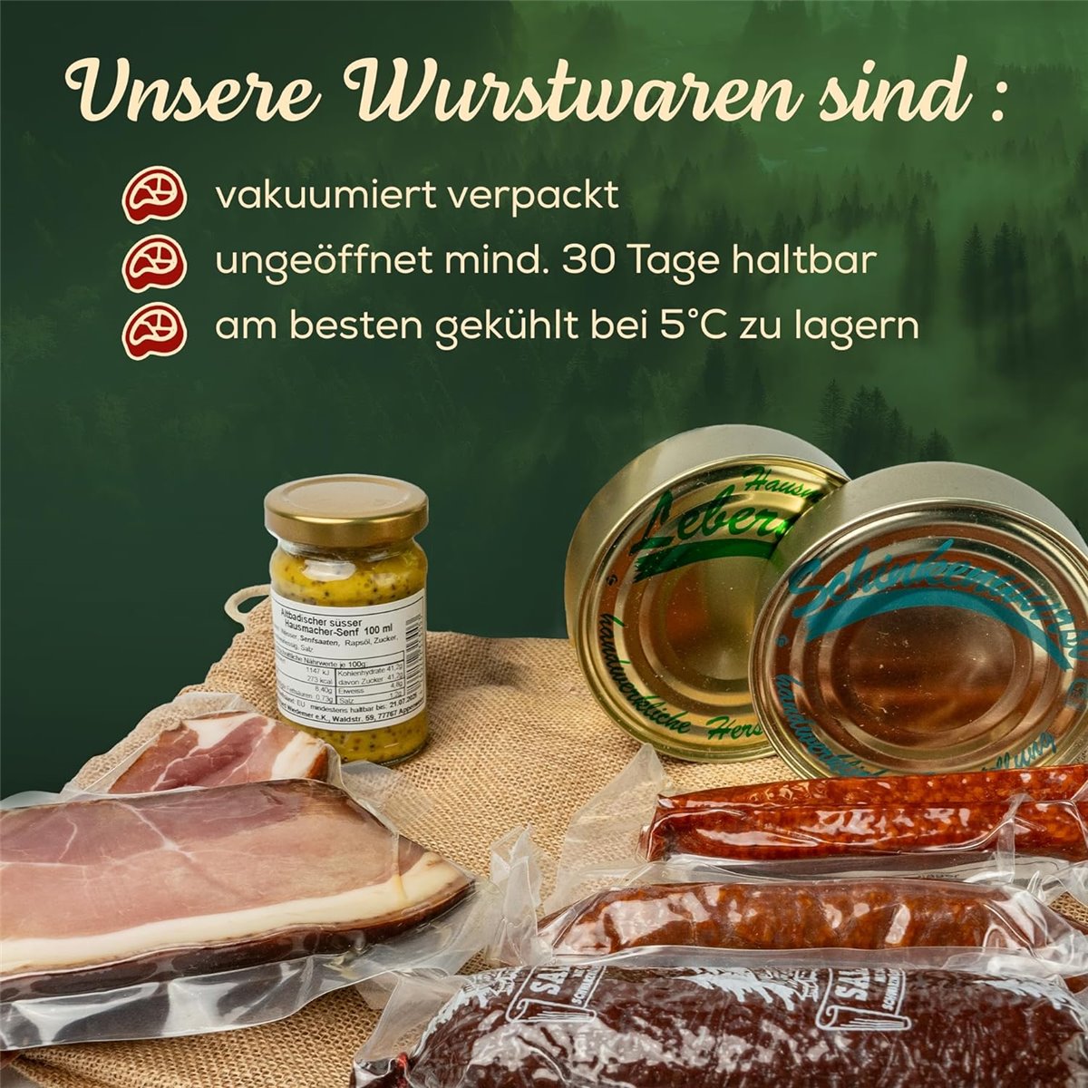 Geschenkkorb – im Leinentäschle – 9-teiliger Präsentkorb mit leckeren & herzhaften Wurstspezialitäten
