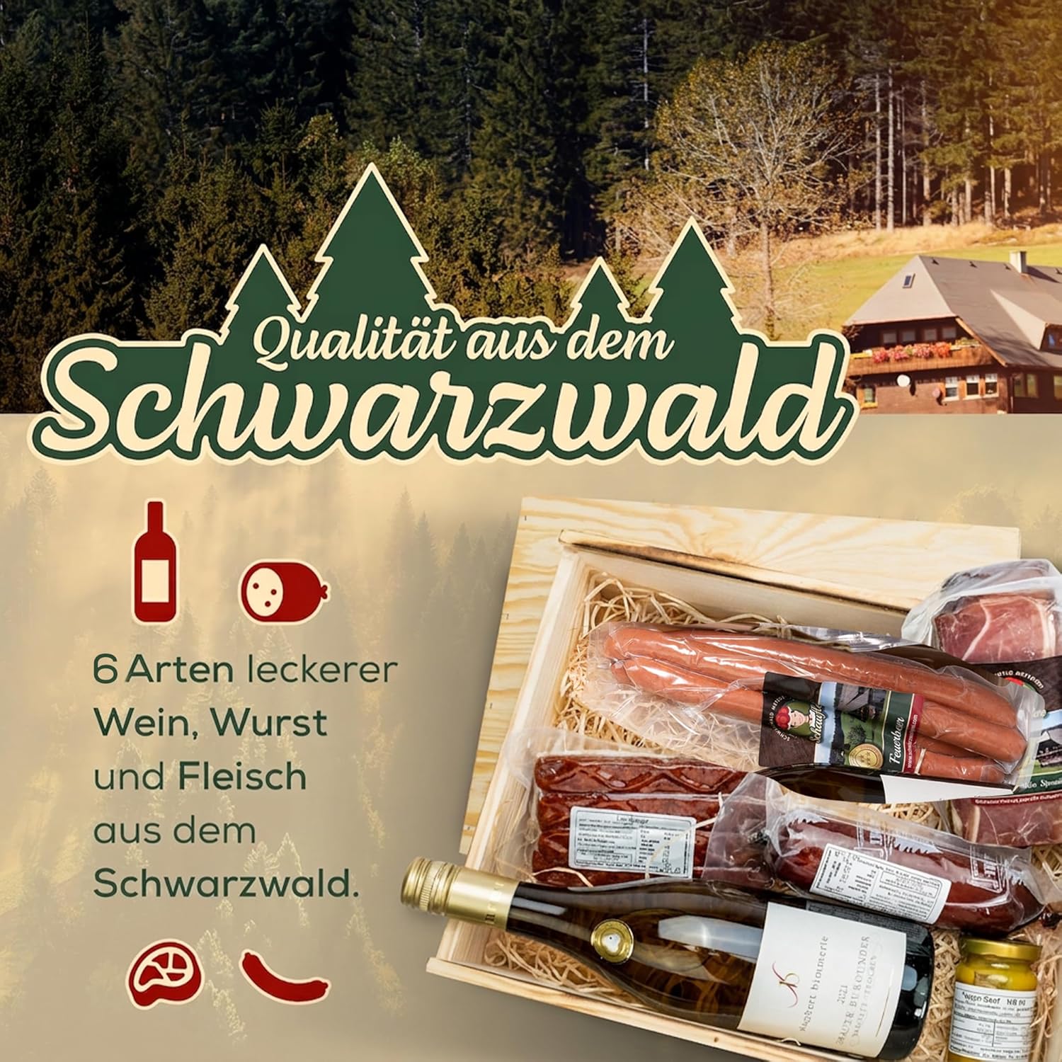 Schwarzwald Holzkiste - Wein in Holz-Kiste mit Wurst und Schinkenspezialitäten - 7-teilig