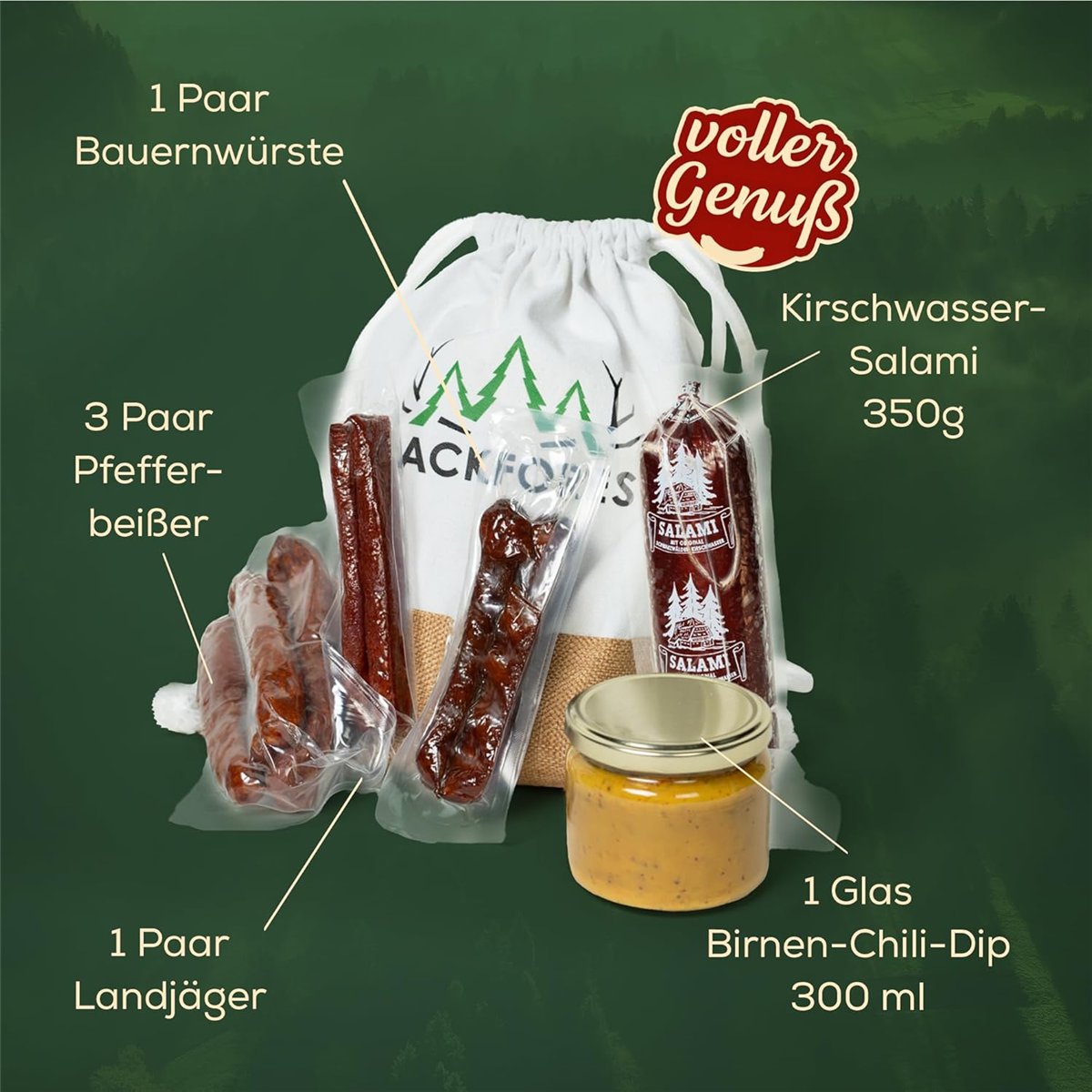 Camping Bag – 6-teiliger Präsentkorb mit Dip & herzhaften Wurstspezialitäten
