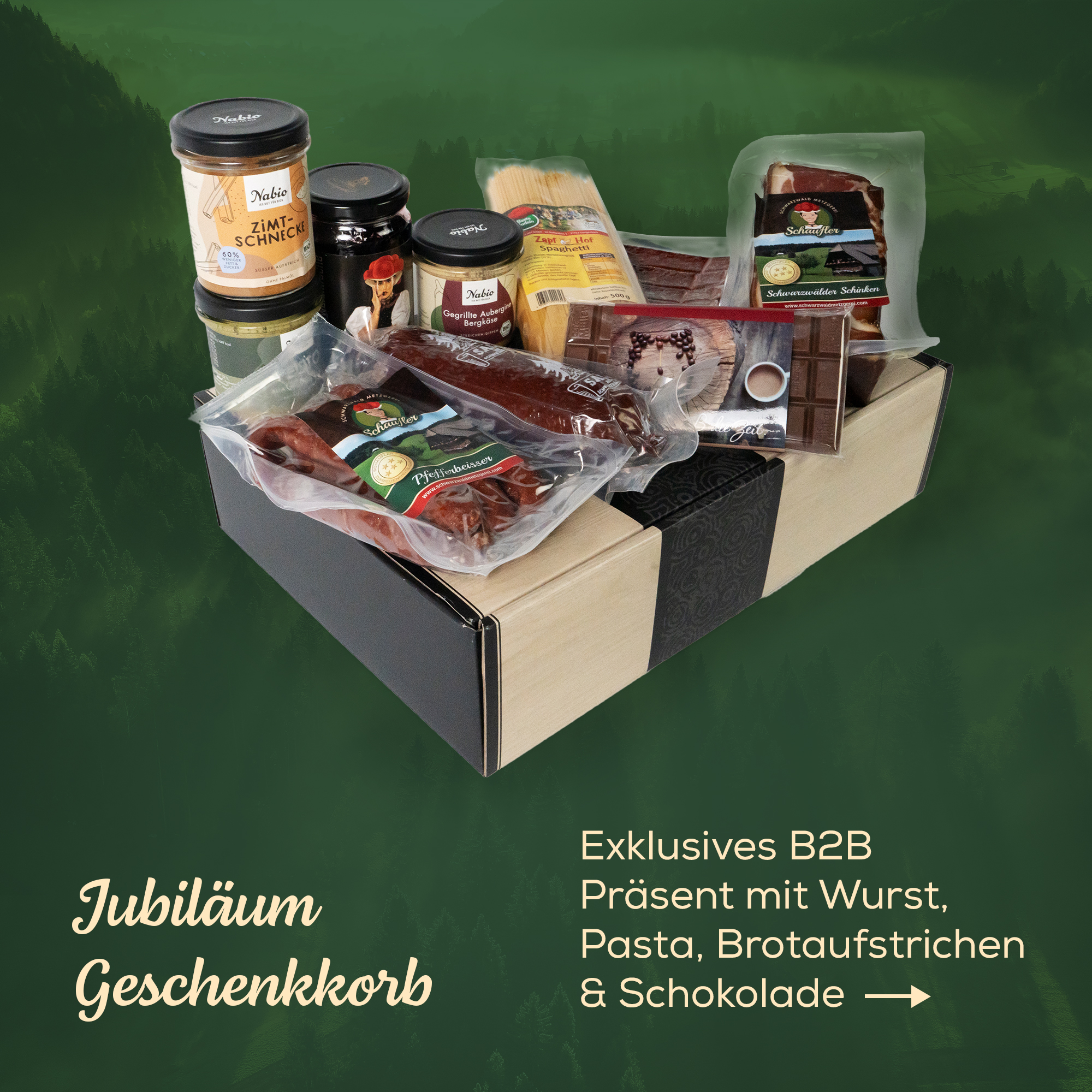 Zum Jubiläum –Exklusives B2B Präsent mit Wurst, Pasta, Brotaufstrichen & Schokolade 
