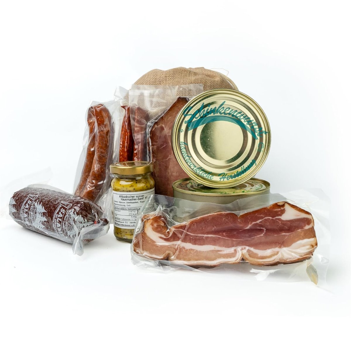 Geschenkkorb – im Leinentäschle – 9-teiliger Präsentkorb mit leckeren & herzhaften Wurstspezialitäten
