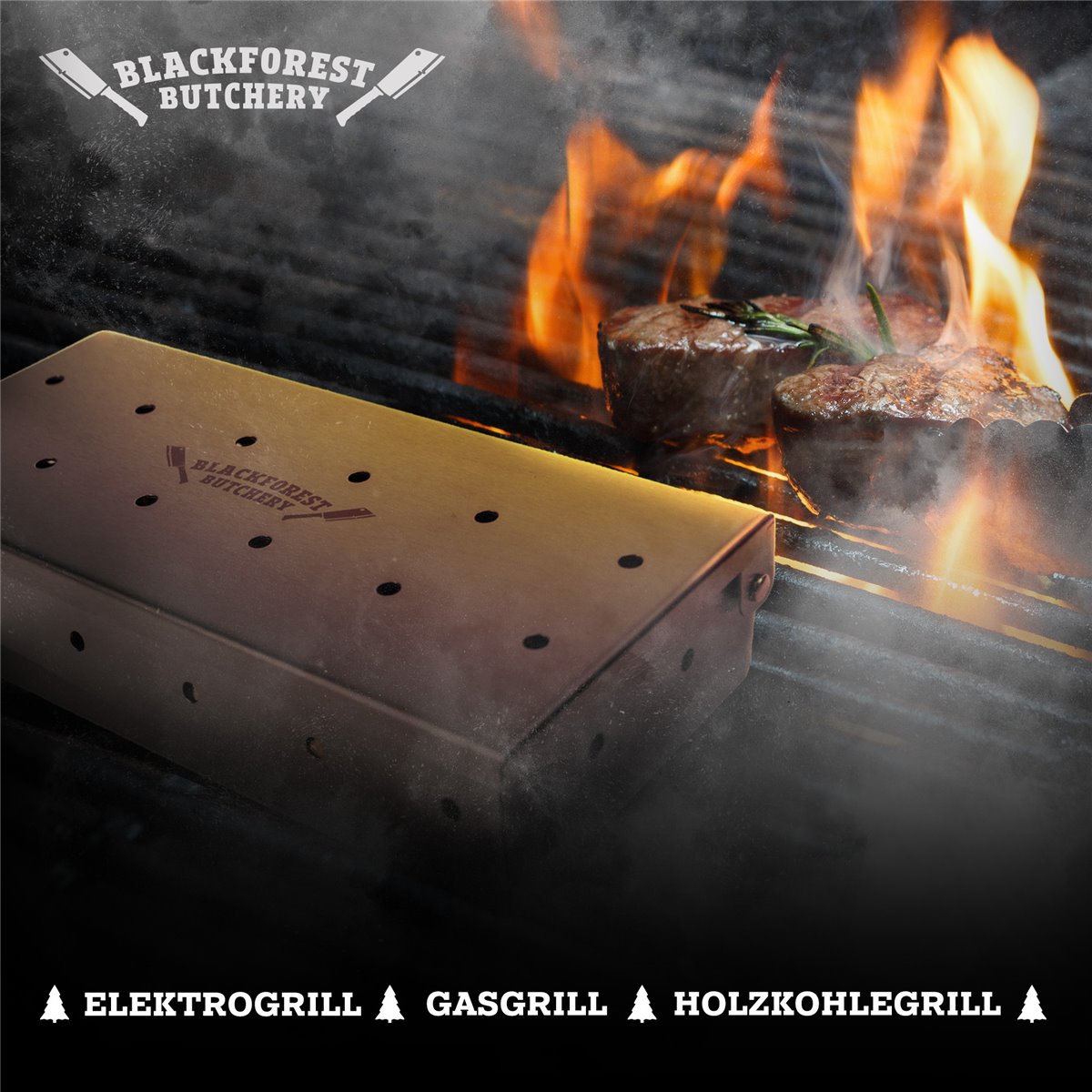 Blackforest Butchery - BBQ Räucherbox Set inkl. Räucherchips – Smokerbox aus Edelstahl – Smokergrill-Flair bei jedem Grillmodell - Maße: 14,5cm x B 13cm x H 4,5cm