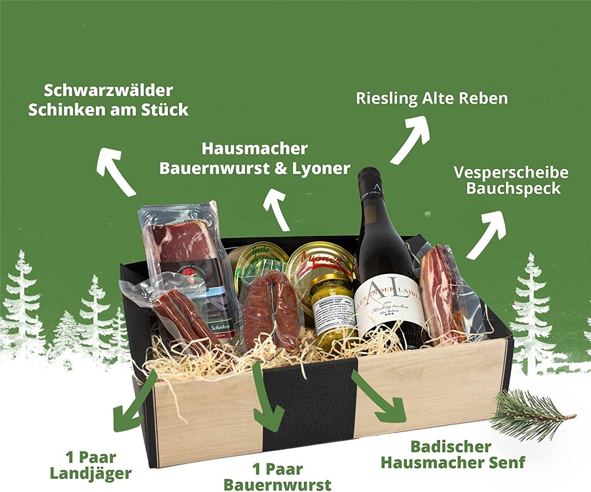 Badisches Feinkost "Vesper" Würste, Senf, Schinken, Dosenwurst, Weiswein - 8-teilig 
