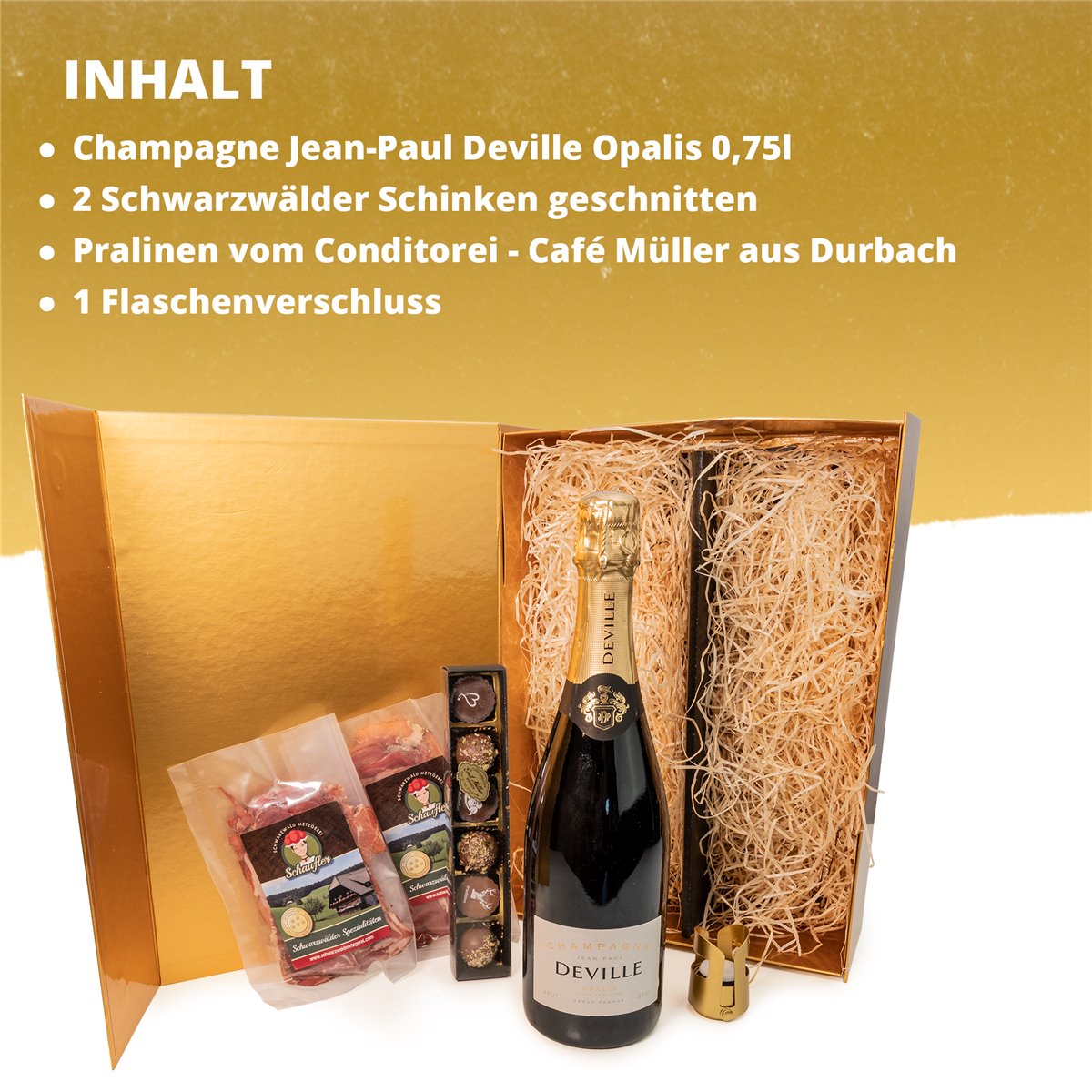 BLACKFOREST x CHAMPAIGN: Blanc de Blanc Champagner mit Pralinen und Schinken in edler Geschenkbox
