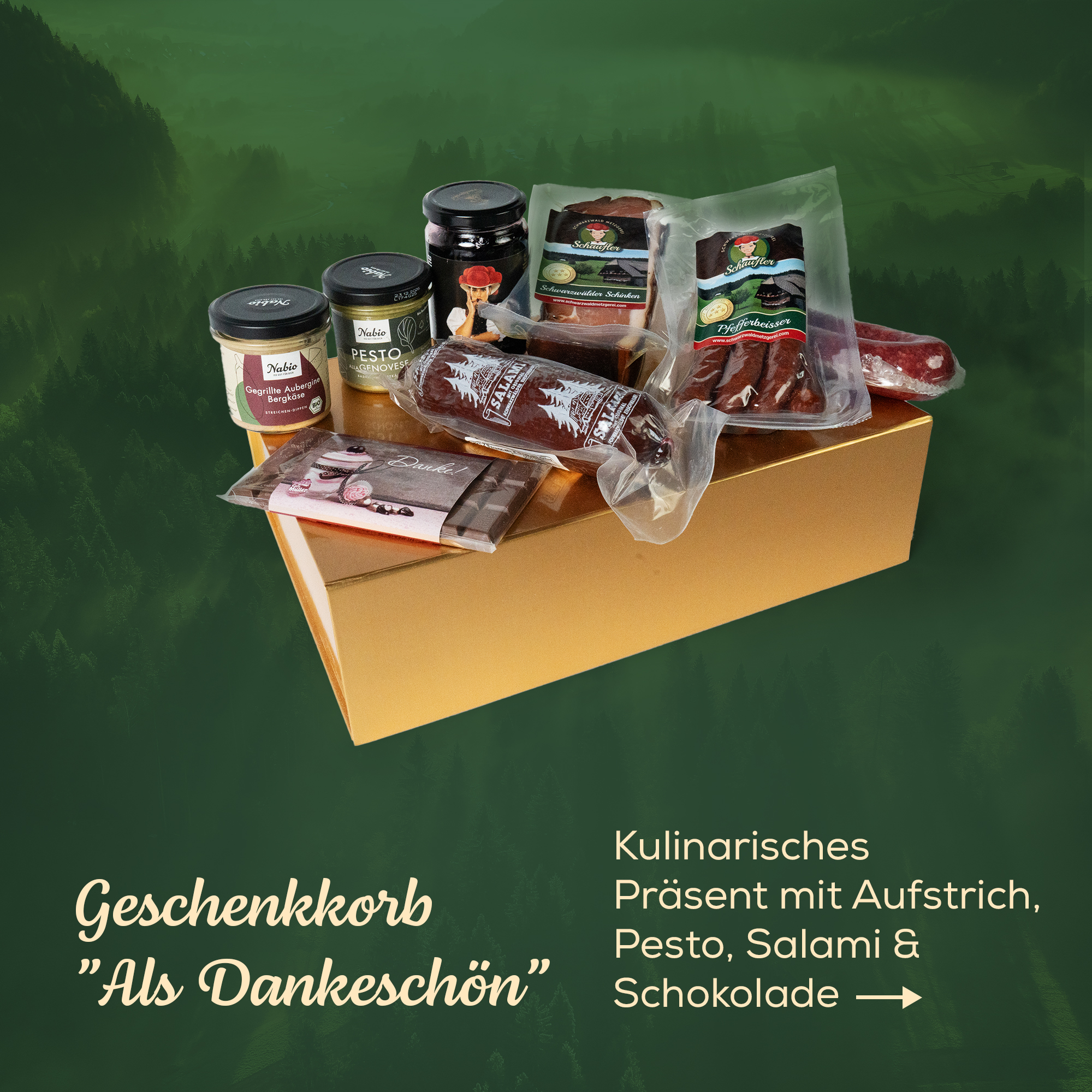 Dankeschön – Kulinarisches Präsent mit Aufstrich, Pesto, Salami & Schokolade 
