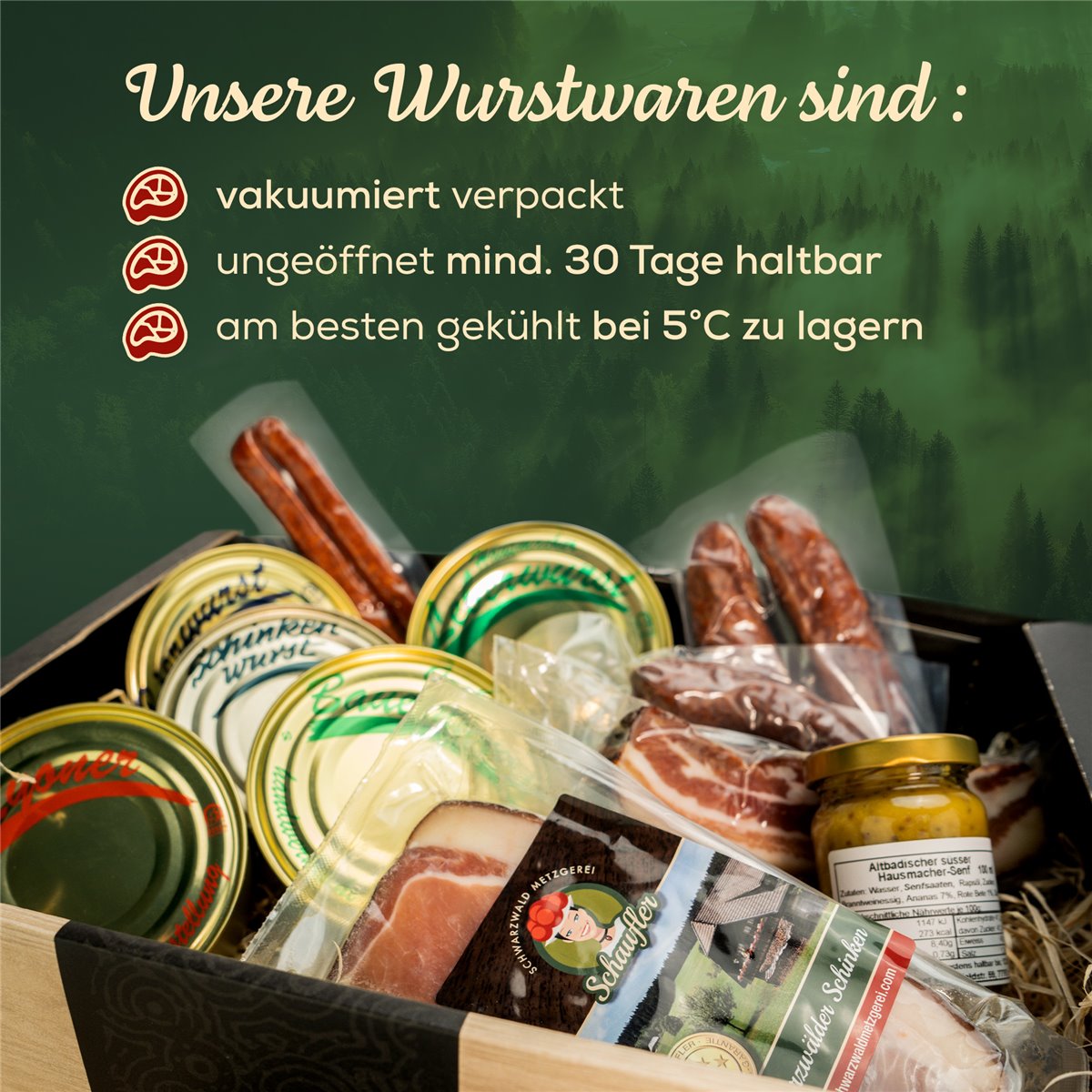 Dosenwurst und meeeeehr - toller Geschenkkorb mit Dosen, Schinken, Landjäger, Bauernwürste und Senf
