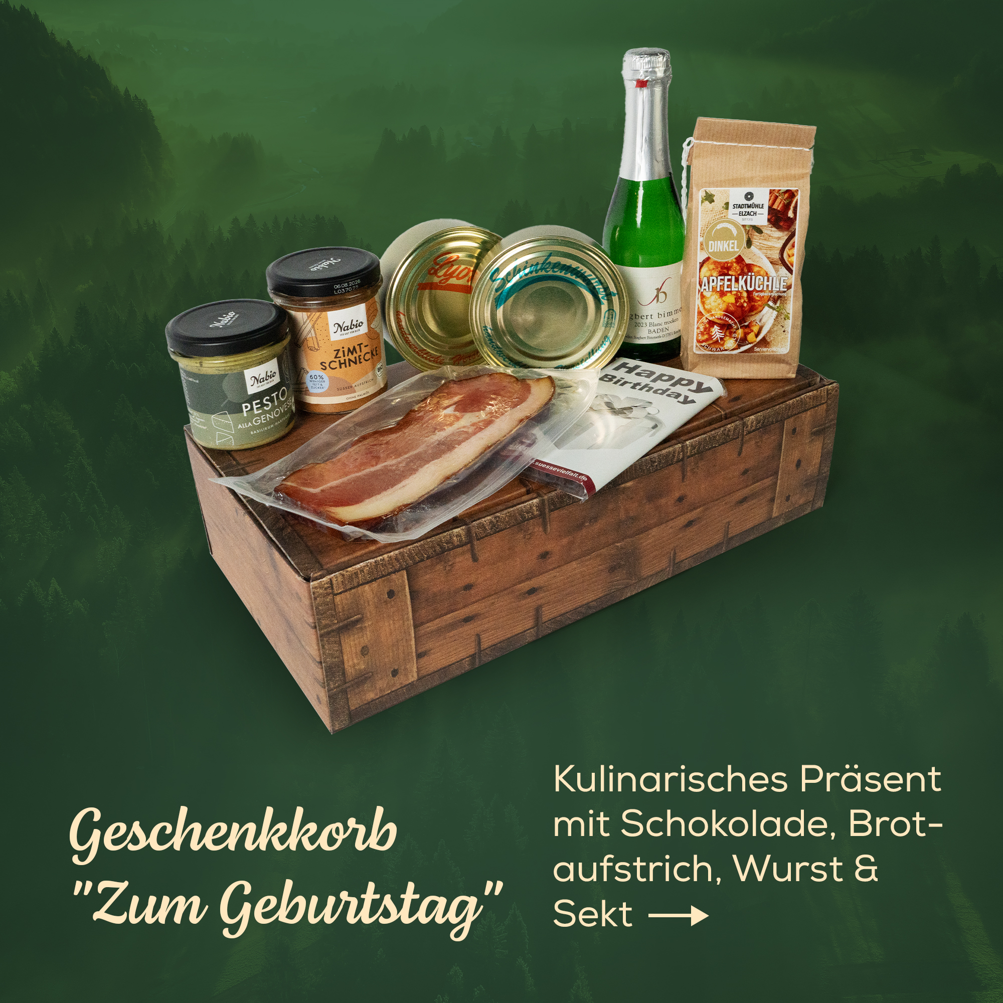 Zum Geburtstag - Kulinarisches Präsent mit Schokolade, Aufstrich, Wurst & Sekt 
