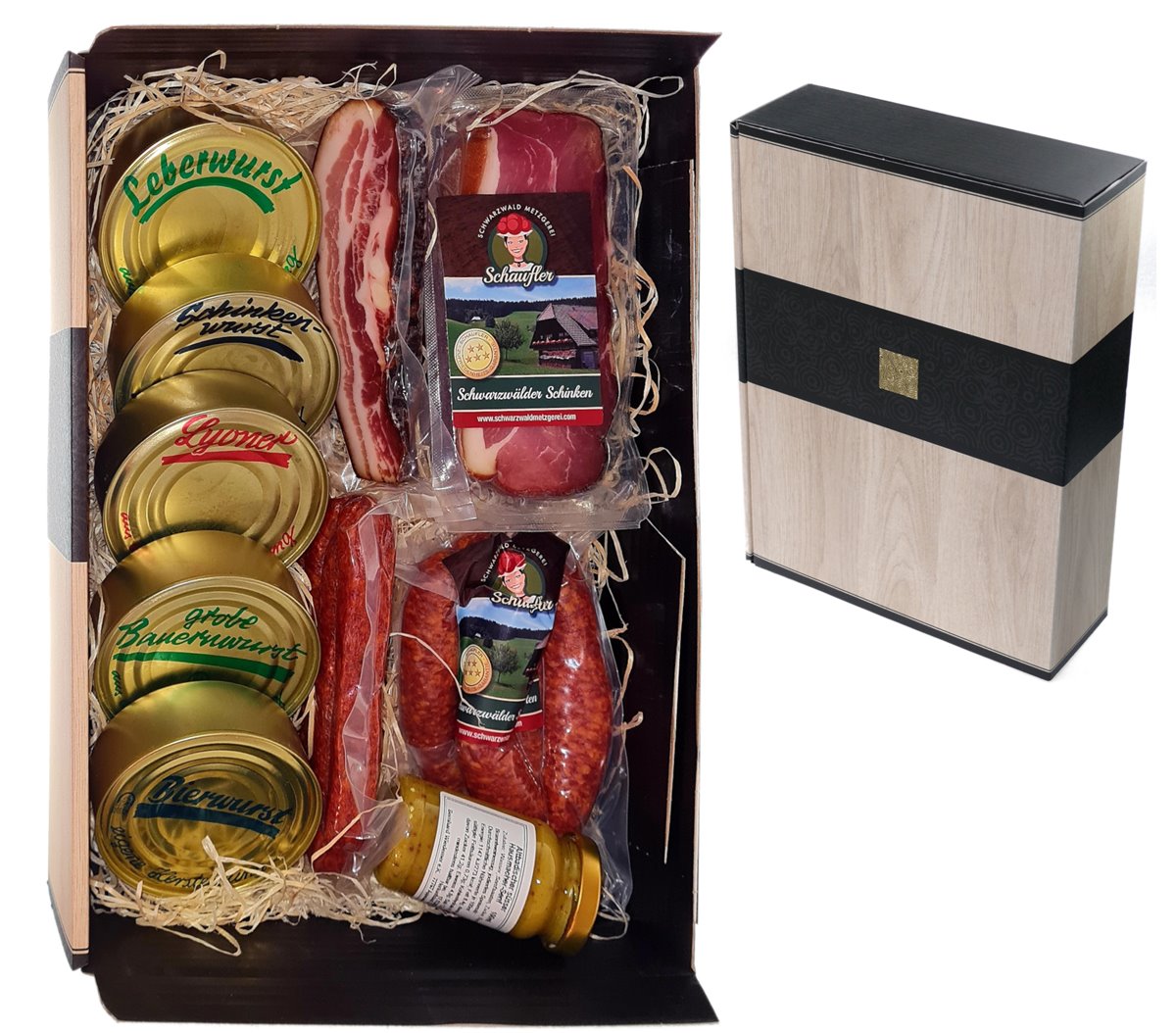 Dosenwurst und meeeeehr - toller Geschenkkorb mit Dosen, Schinken, Landjäger, Bauernwürste und Senf
Dosenwurst und meeeeehr - toller Geschenkkorb mit Dosen, Schinken, Landjäger, Bauernwürste und Senf