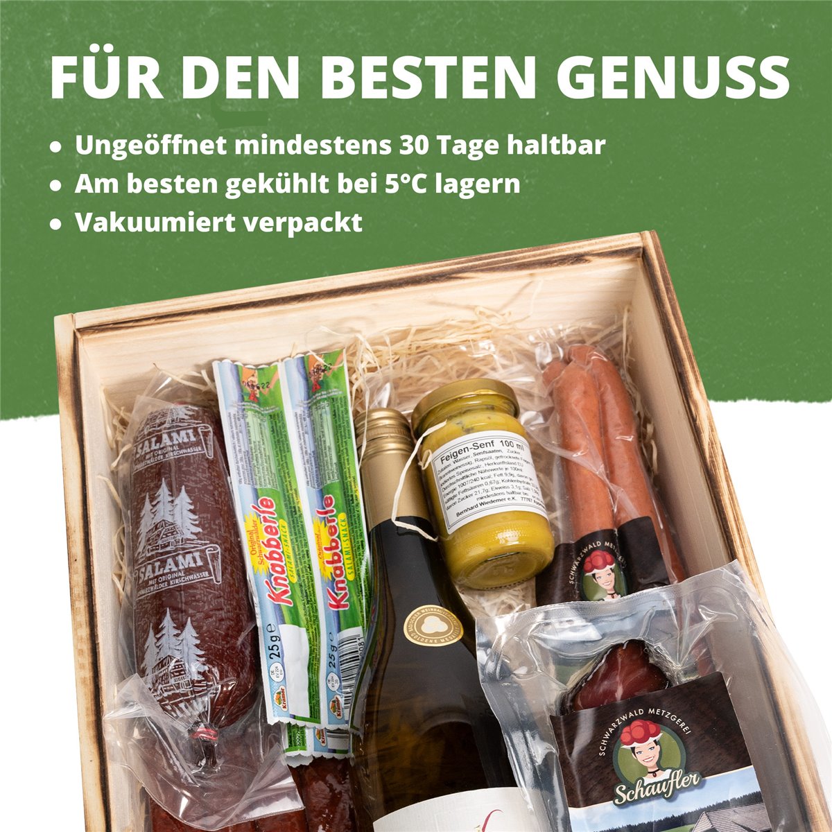 Schwarzwald Holzkiste - Wein in Holz-Kiste mit Wurst und Schinkenspezialitäten - 7-teilig
