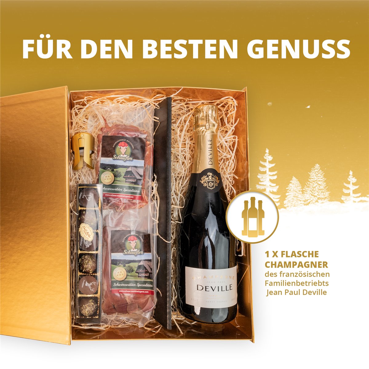 BLACKFOREST x CHAMPAIGN: Blanc de Blanc Champagner mit Pralinen und Schinken in edler Geschenkbox 
