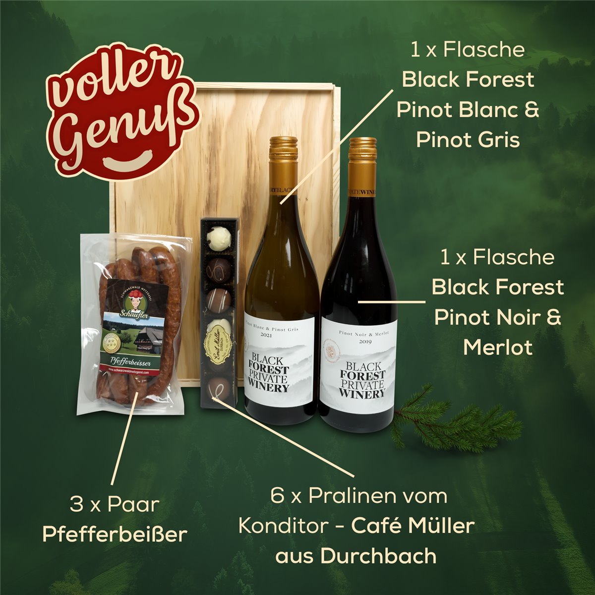 Badische Weinkiste - Rot und Weisswein, Pfefferbeisser, Pralinen
