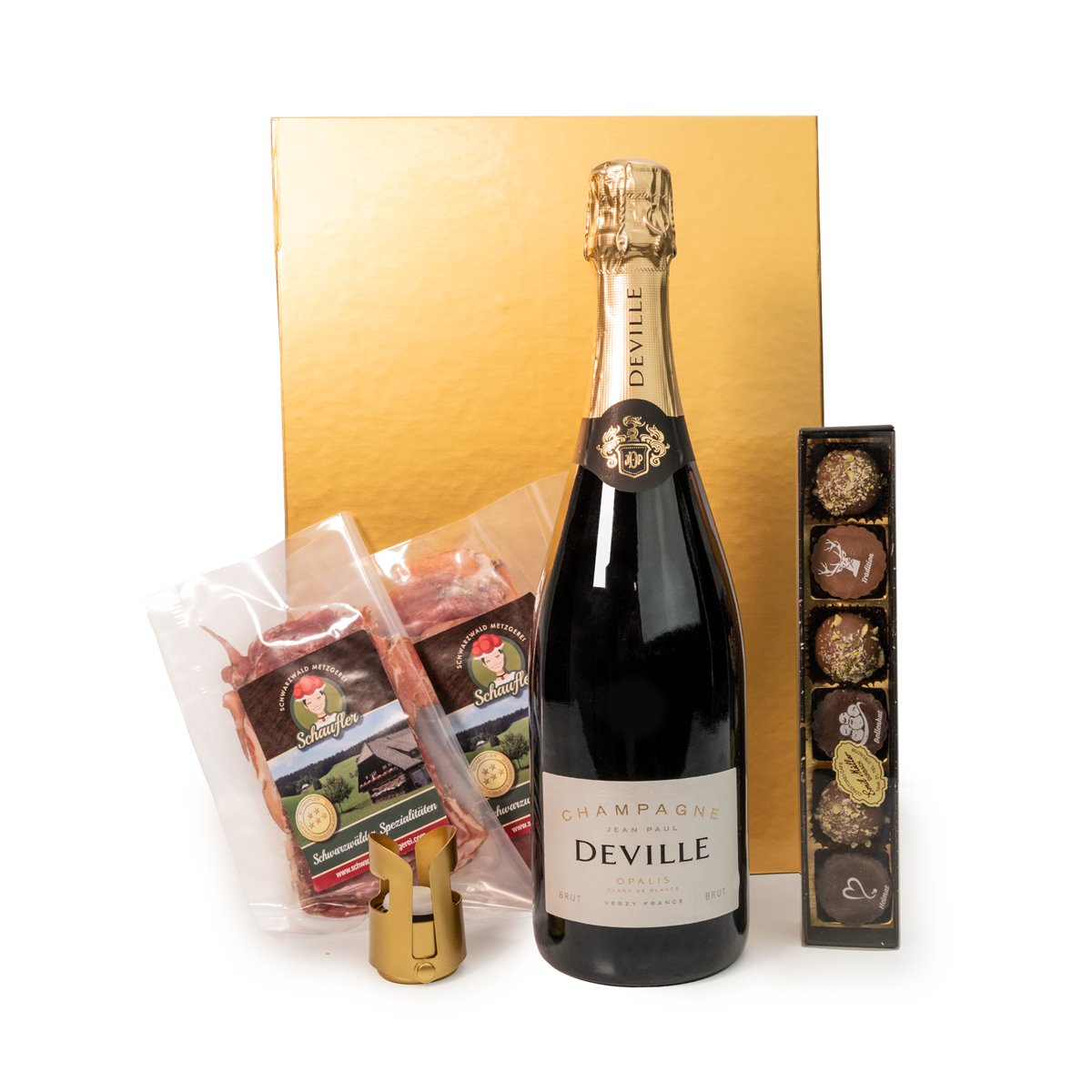 BLACKFOREST x CHAMPAIGN: Blanc de Blanc Champagner mit Pralinen und Schinken in edler Geschenkbox 
