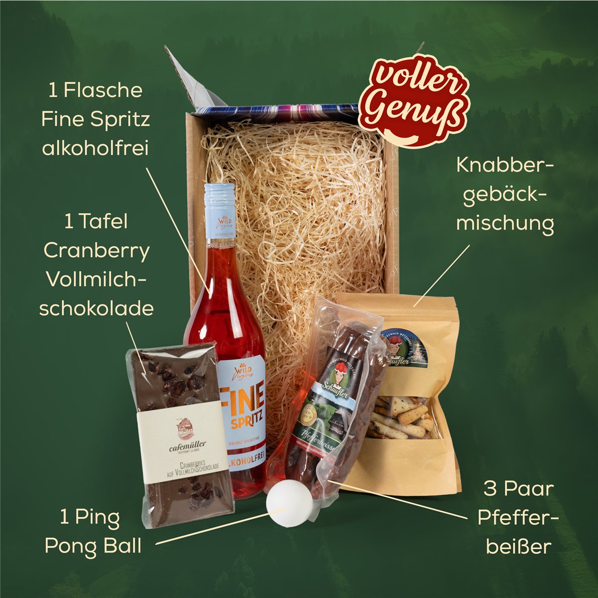 SURPRISE SPRITZ-PONG – 6-teiliger Präsentkorb: alkoholfreier Orange Aperitivo und Partyspiel
