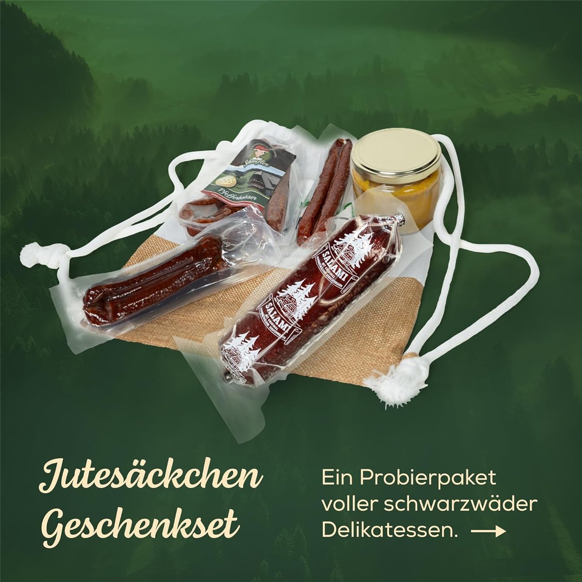 Camping Bag – 6-teiliger Präsentkorb mit Dip & herzhaften Wurstspezialitäten
