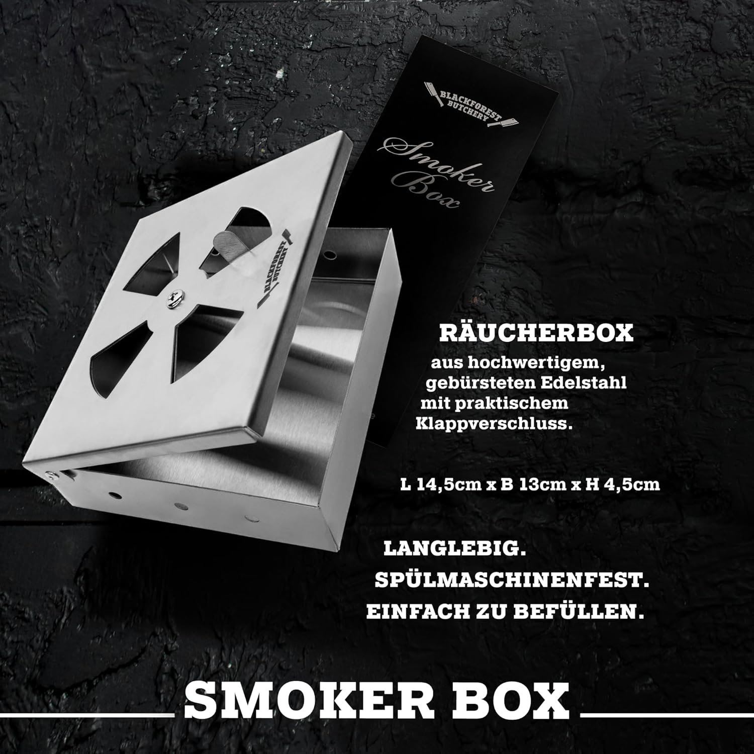 Blackforest Butchery - BBQ Räucherbox Set inkl. Räucherchips – Smokerbox aus Edelstahl – Smokergrill-Flair bei jedem Grillmodell - Maße: 14,5cm x B 13cm x H 4,5cm
