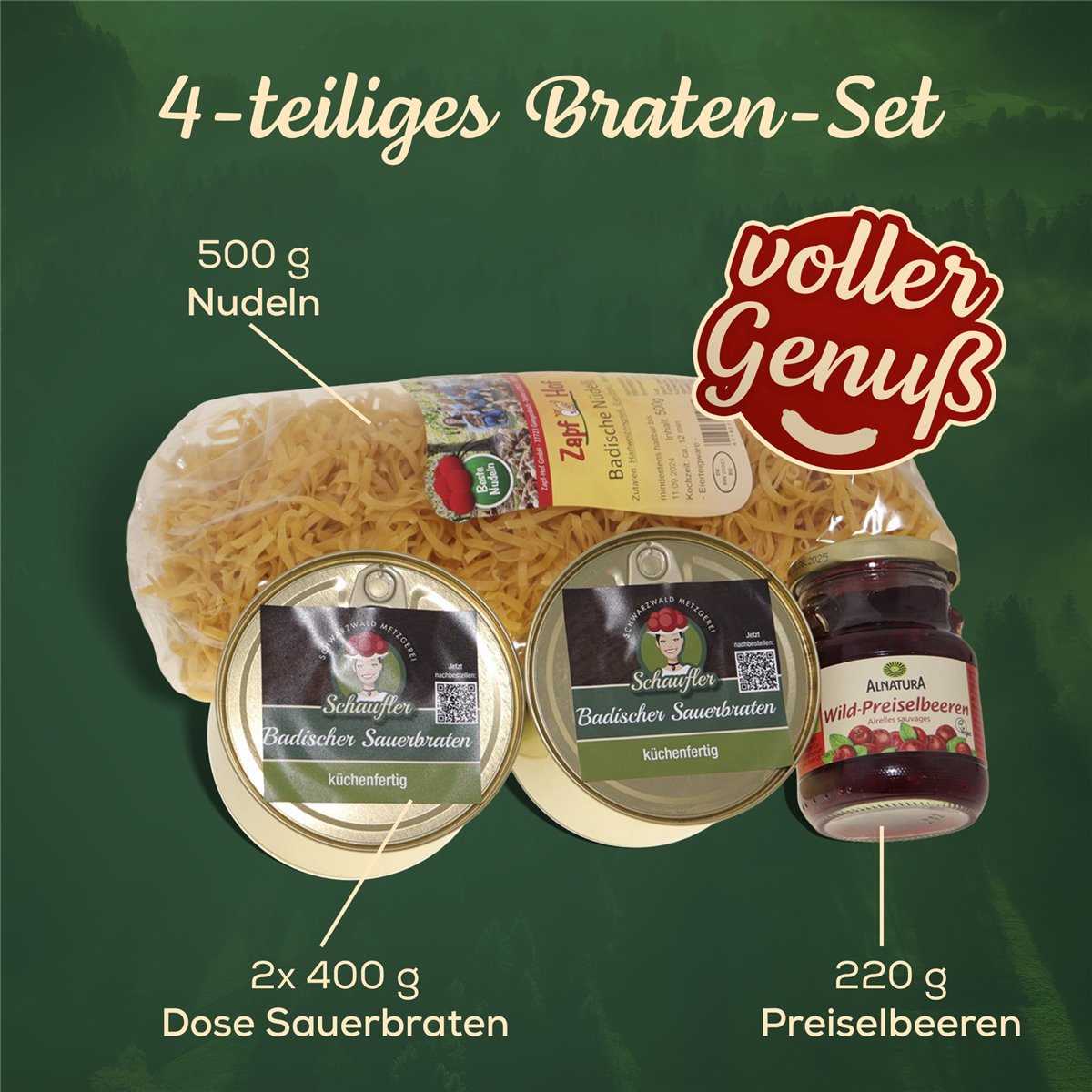 Festtagsbraten-Set: Badischer Sauerbraten - 800g Rinderbraten,Nudeln,Preiselbeeren
