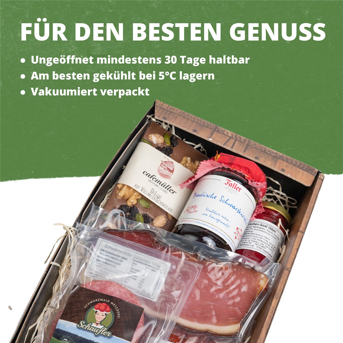 Kirschkiste - Schlemmergeschenk mit Kirschmarmelade, Kirschsenf, Kirschwassersalami 6-teilig
