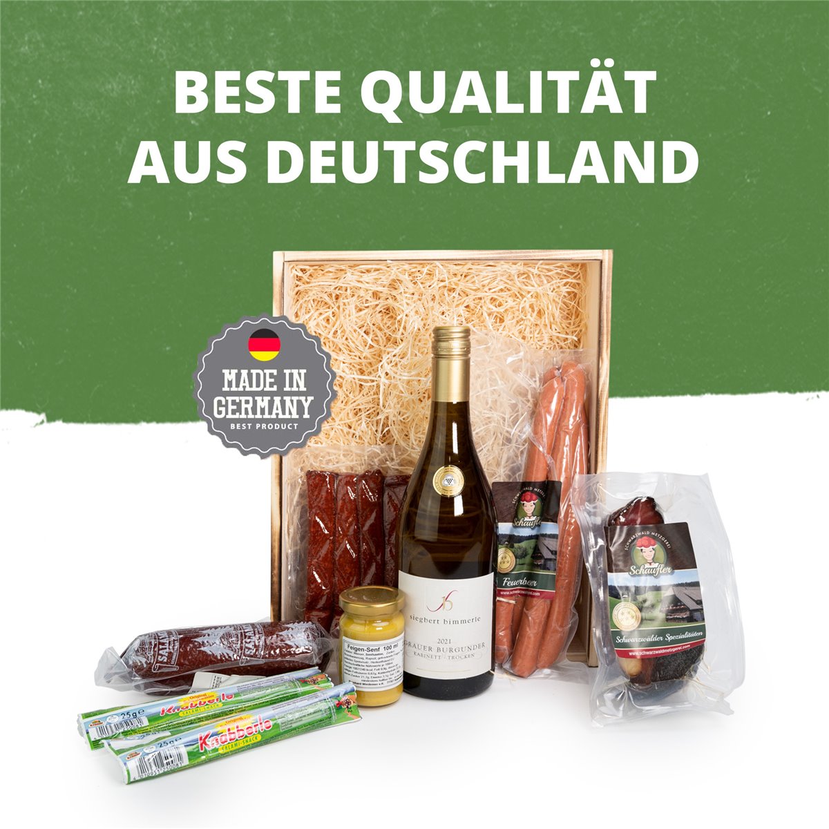 Schwarzwald Holzkiste - Wein in Kiste mit Wurst und Schinkenspezialitäten - 7-teilig 
