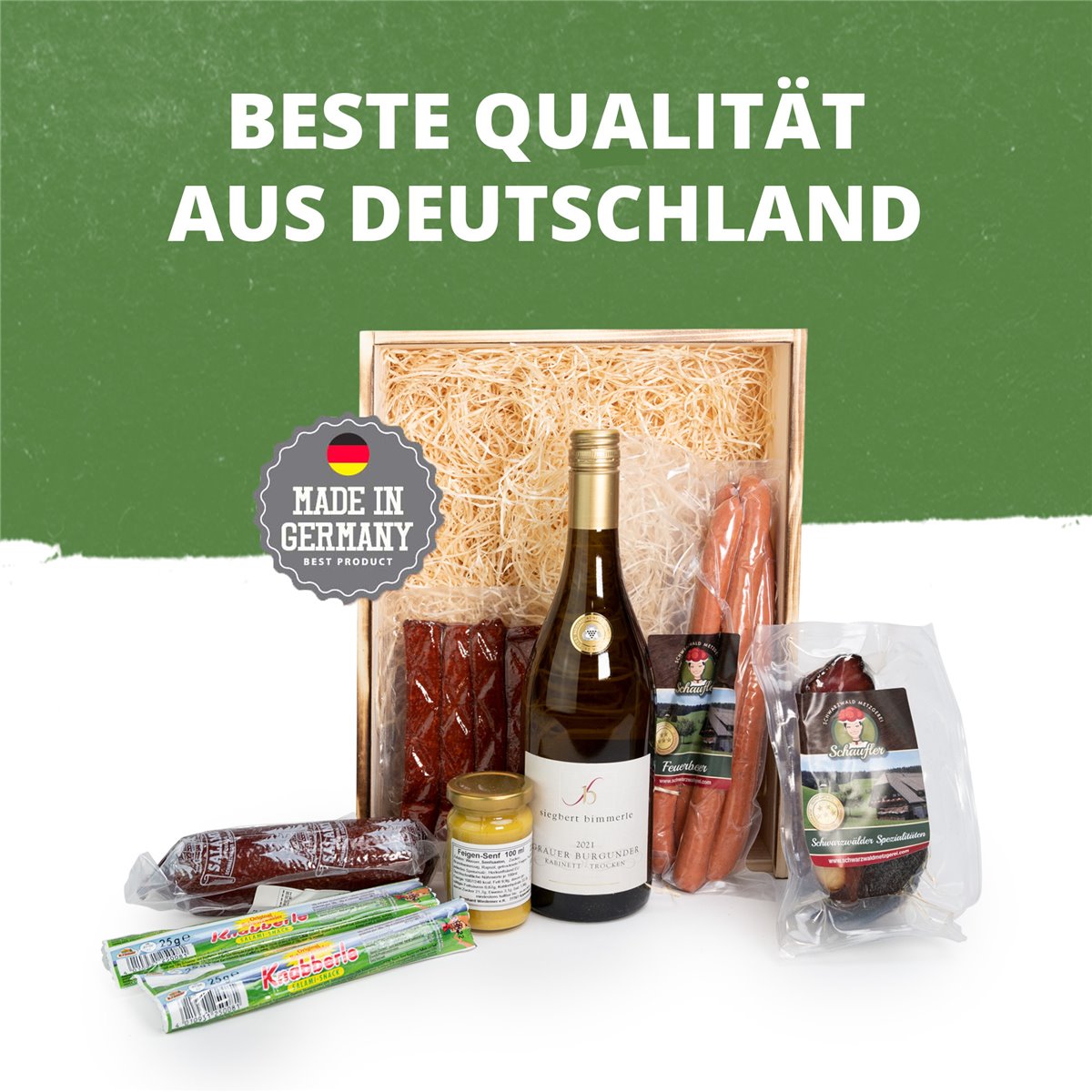 Schwarzwald Holzkiste - Wein in Holz-Kiste mit Wurst und Schinkenspezialitäten - 7-teilig

