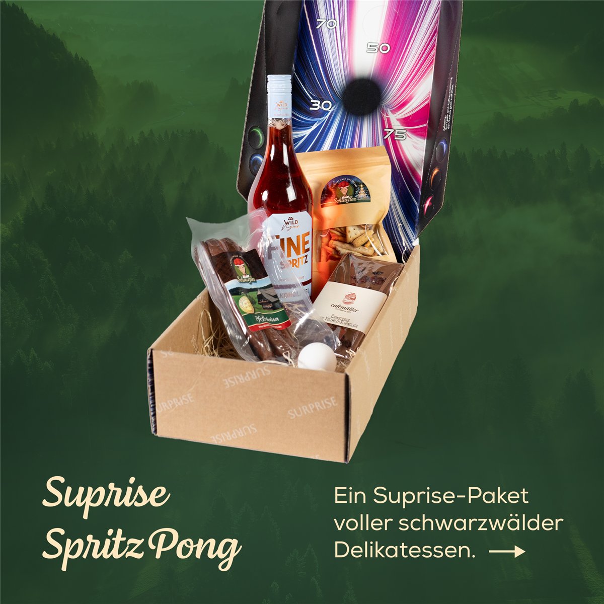SURPRISE SPRITZ-PONG – 6-teiliger Präsentkorb: alkoholfreier Orange Aperitivo und Partyspiel
