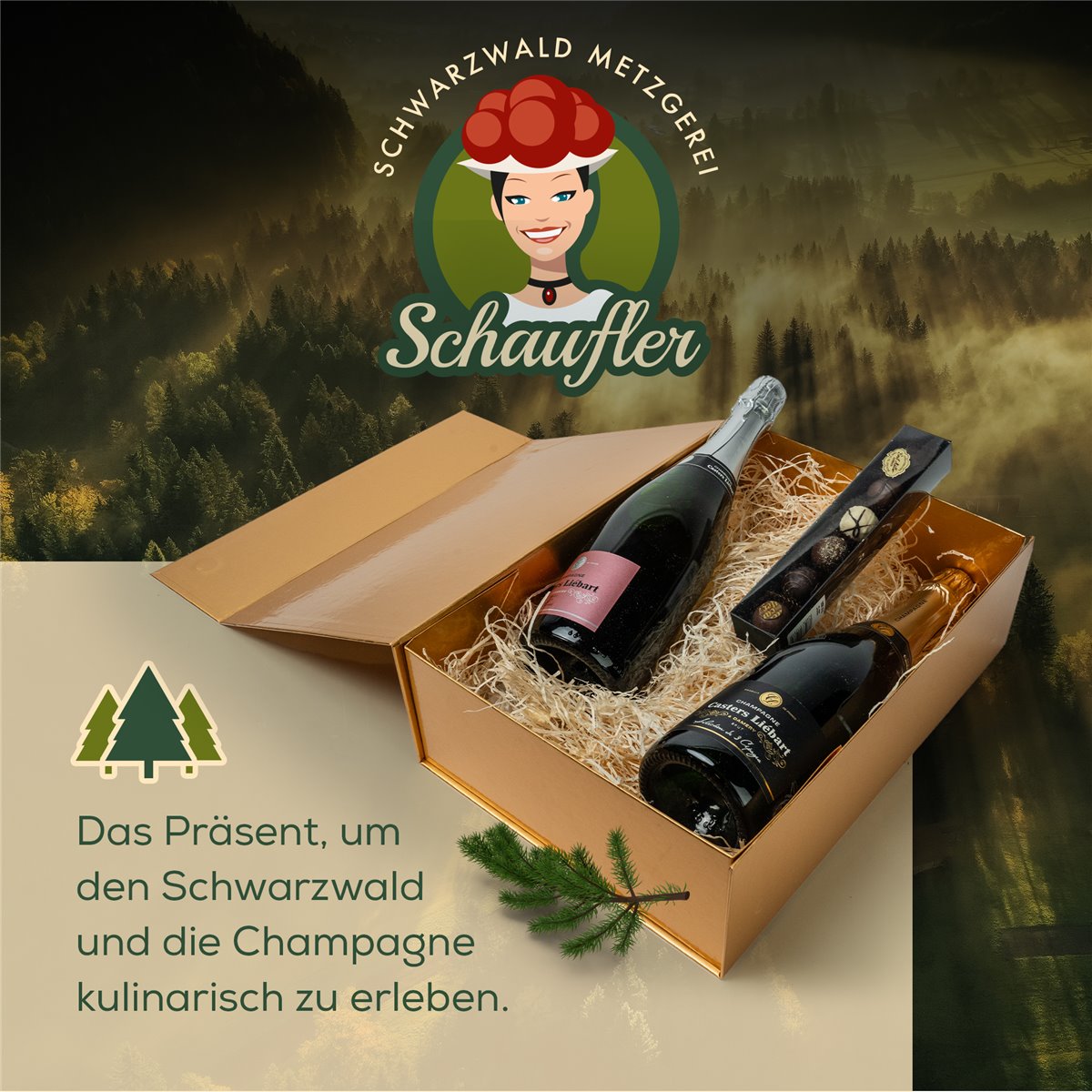 DUO CHAMPAGNER - Geschenkkorb mit Schokolade in edler GOLD Magnetbox 
