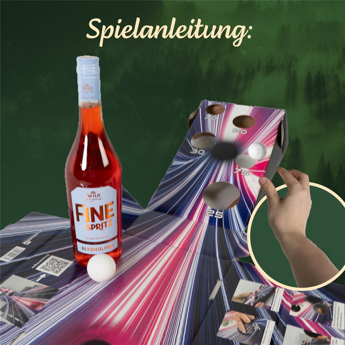 SURPRISE SPRITZ-PONG – 6-teiliger Präsentkorb: alkoholfreier Orange Aperitivo und Partyspiel

