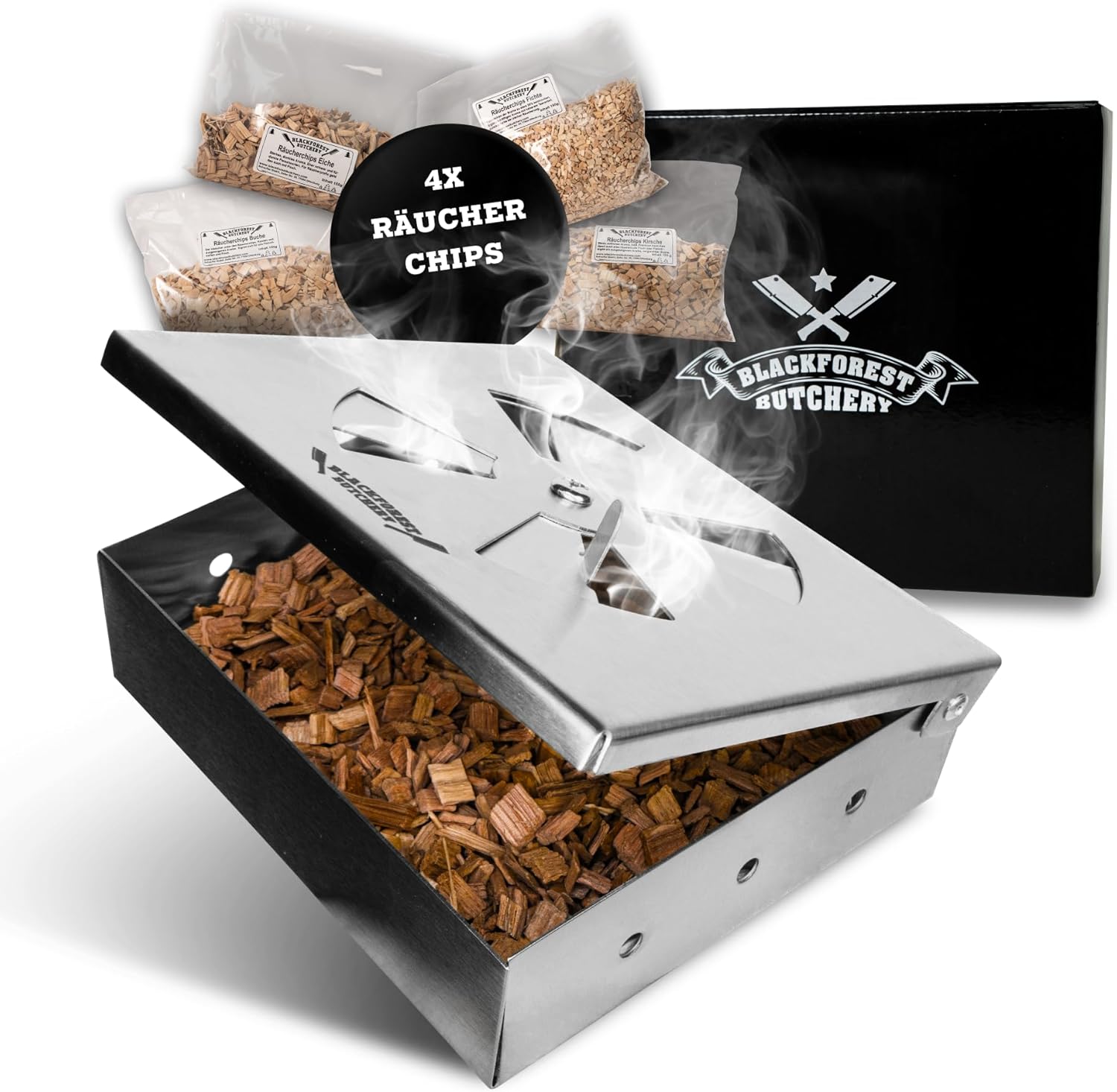 Blackforest Butchery - BBQ Räucherbox Set inkl. Räucherchips – Smokerbox aus Edelstahl – Smokergrill-Flair bei jedem Grillmodell - Maße: 14,5cm x B 13cm x H 4,5cm