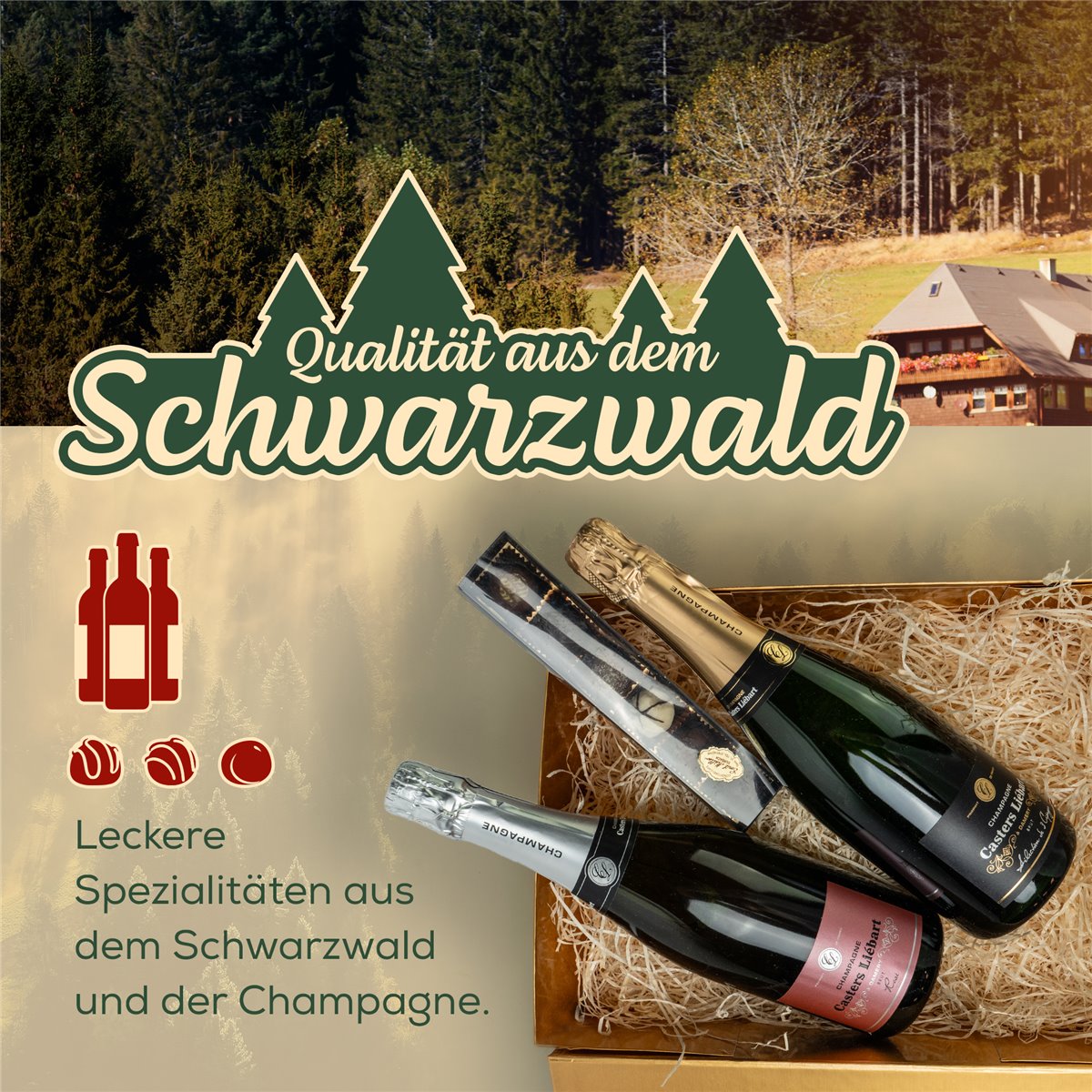 DUO CHAMPAGNER - Geschenkkorb mit Schokolade in edler GOLD Magnetbox
