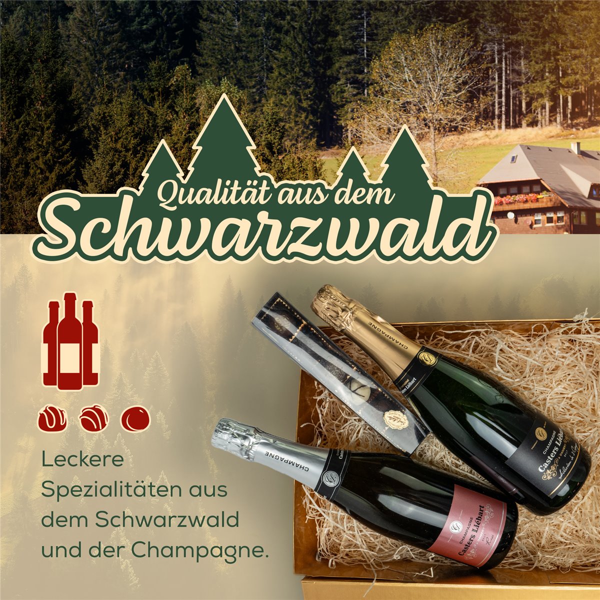 DUO CHAMPAGNER - Geschenkkorb mit Schokolade in edler GOLD Magnetbox 

