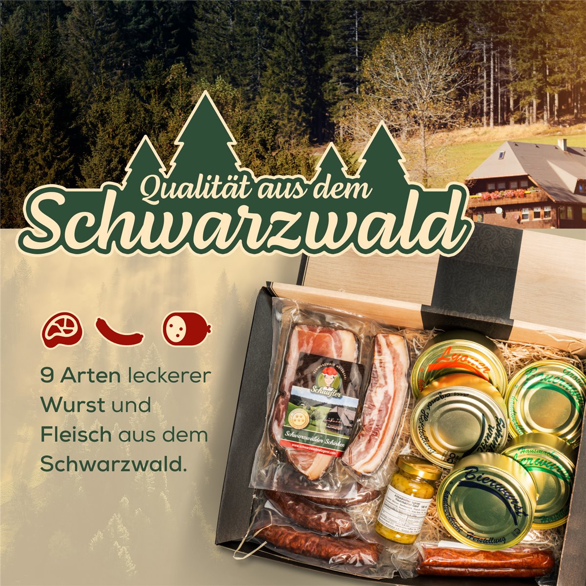 Dosenwurst und meeeeehr - toller Geschenkkorb mit Dosen, Schinken, Landjäger, Bauernwürste und Senf
