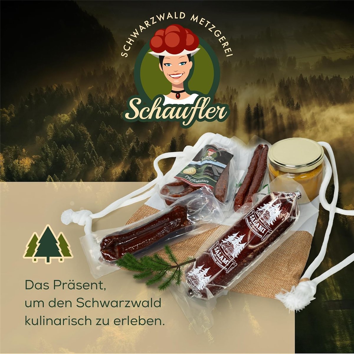 Camping Bag – 6-teiliger Präsentkorb mit Dip & herzhaften Wurstspezialitäten
