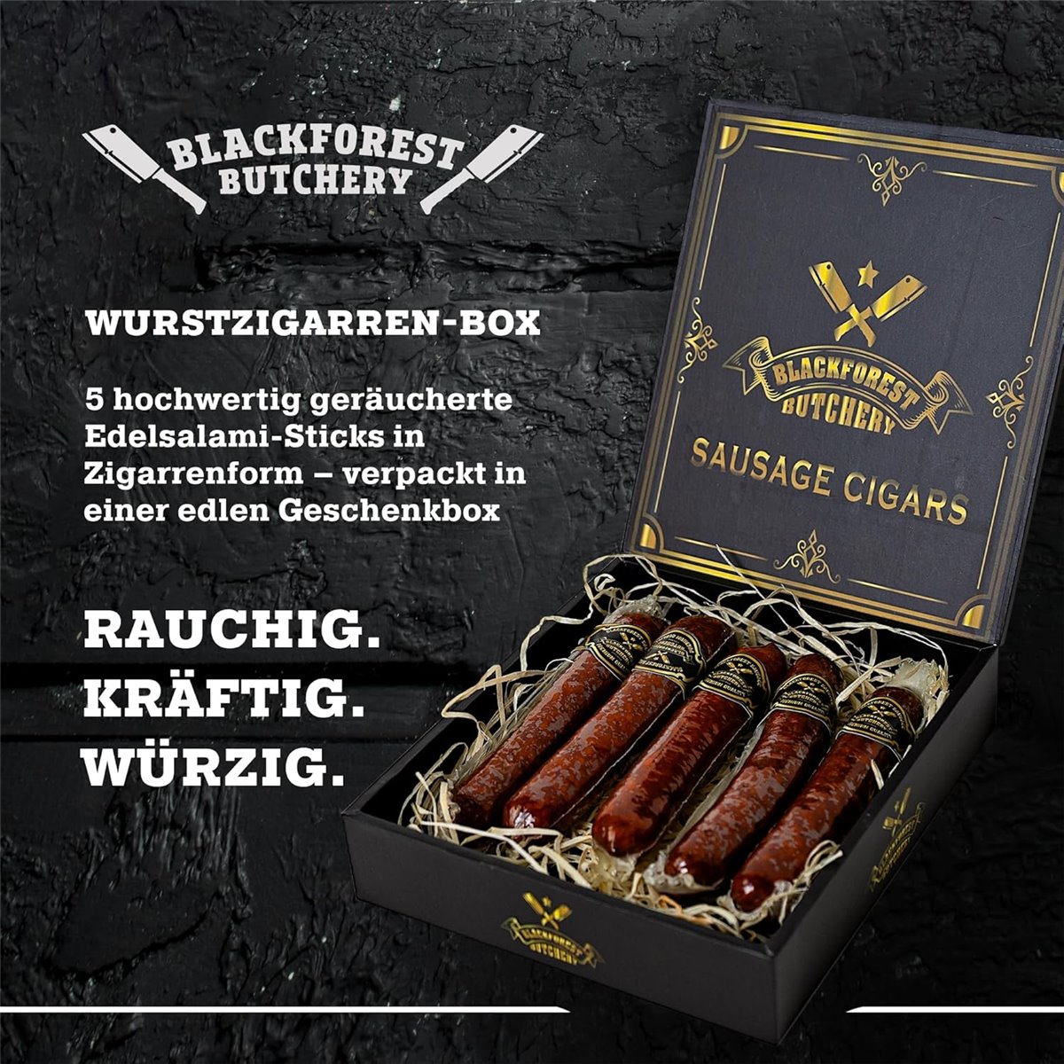 Wurst Zigarren Box - Wurst Sticks aus Edelsalami 5 Stk – Geräucherte Salami-Sticks in schöner Geschenkbox
