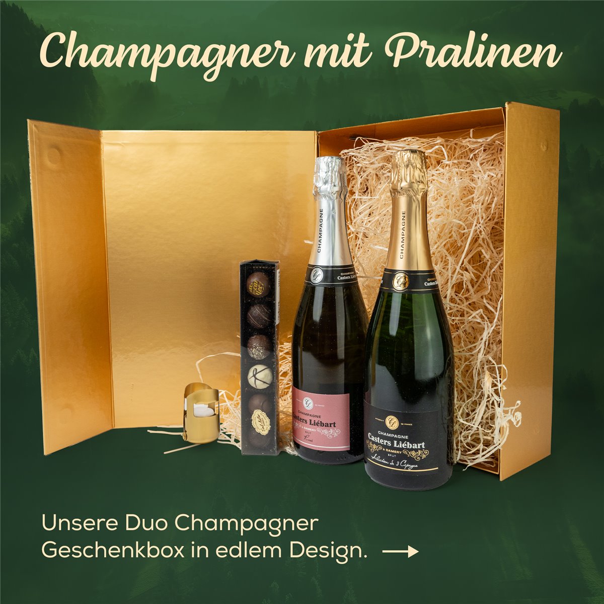 DUO CHAMPAGNER - Geschenkkorb mit Schokolade in edler GOLD Magnetbox 
