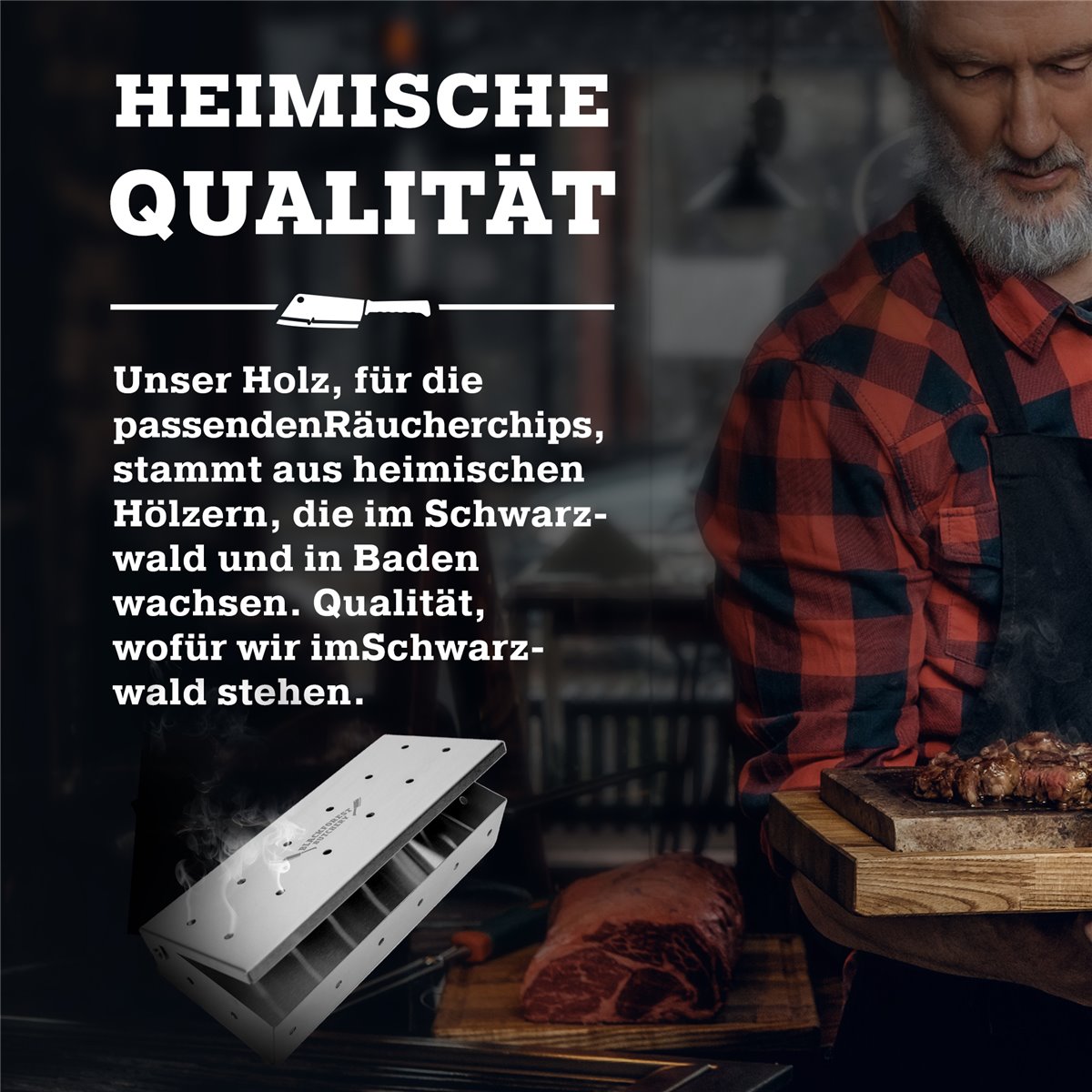 Blackforest Butchery - BBQ Räucherbox Set inkl. Räucherchips – Smokerbox aus Edelstahl – Smokergrill-Flair bei jedem Grillmodell - Maße: 14,5cm x B 13cm x H 4,5cm