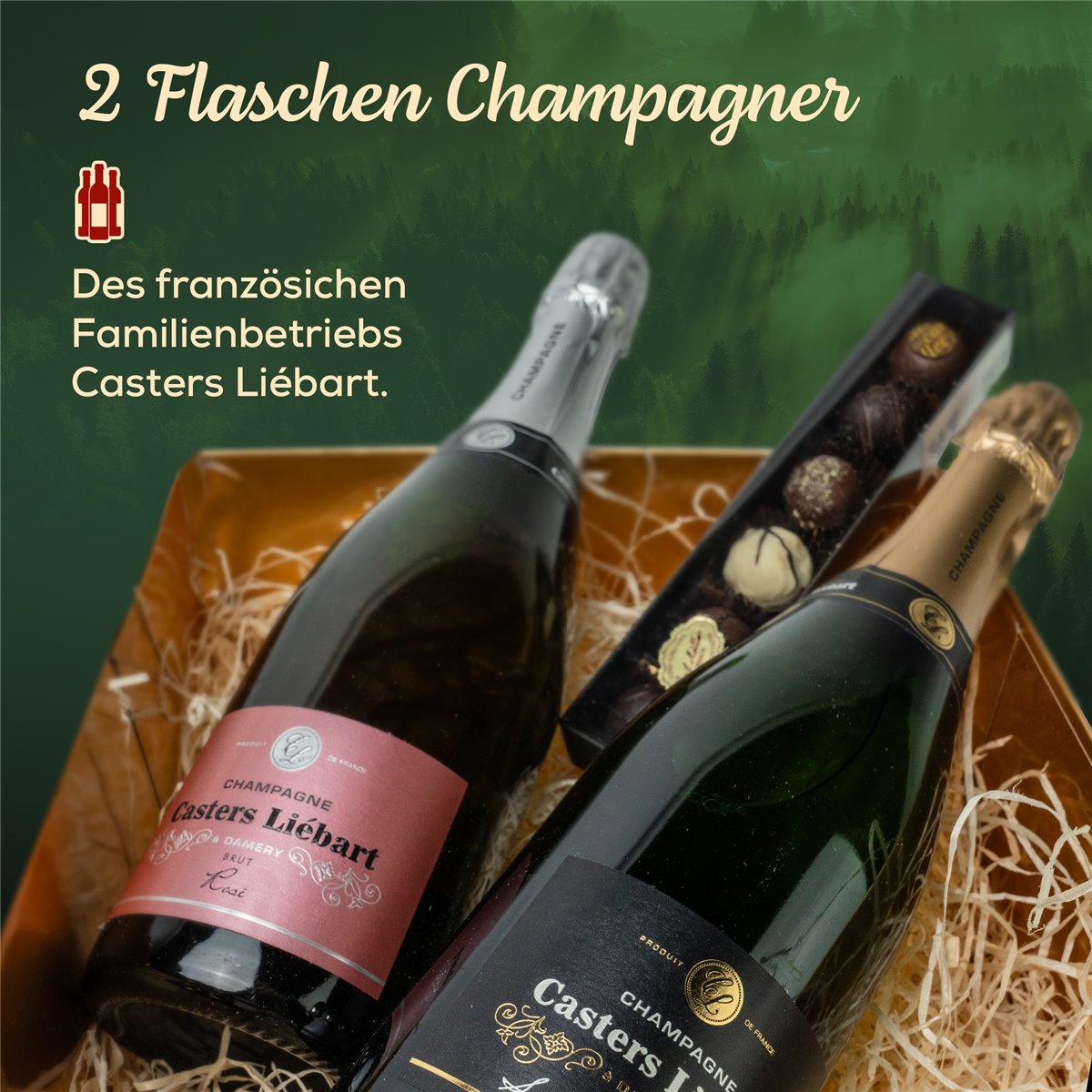 DUO CHAMPAGNER - Geschenkkorb mit Schokolade in edler GOLD Magnetbox
