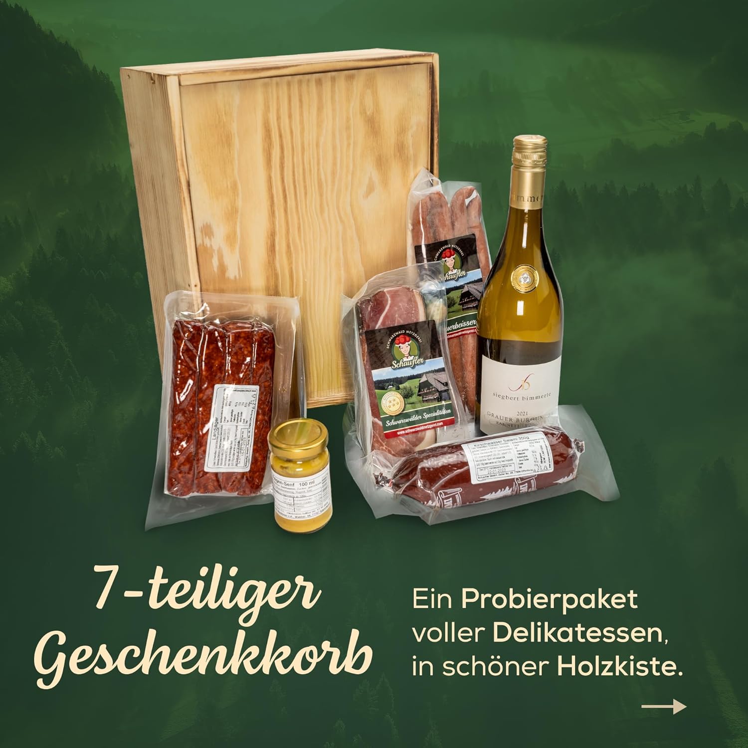 Schwarzwald Holzkiste - Wein in Holz-Kiste mit Wurst und Schinkenspezialitäten - 7-teilig