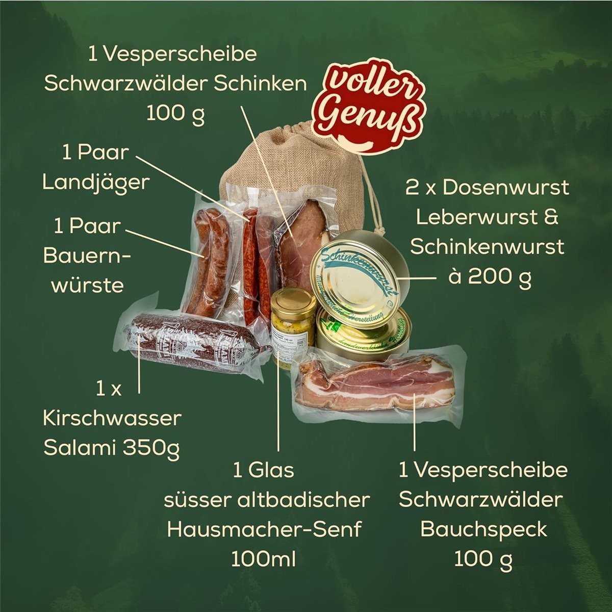 Geschenkkorb – im Leinentäschle – 8-teiliger Präsentkorb mit leckeren & herzhaften Wurstspezialitäten
