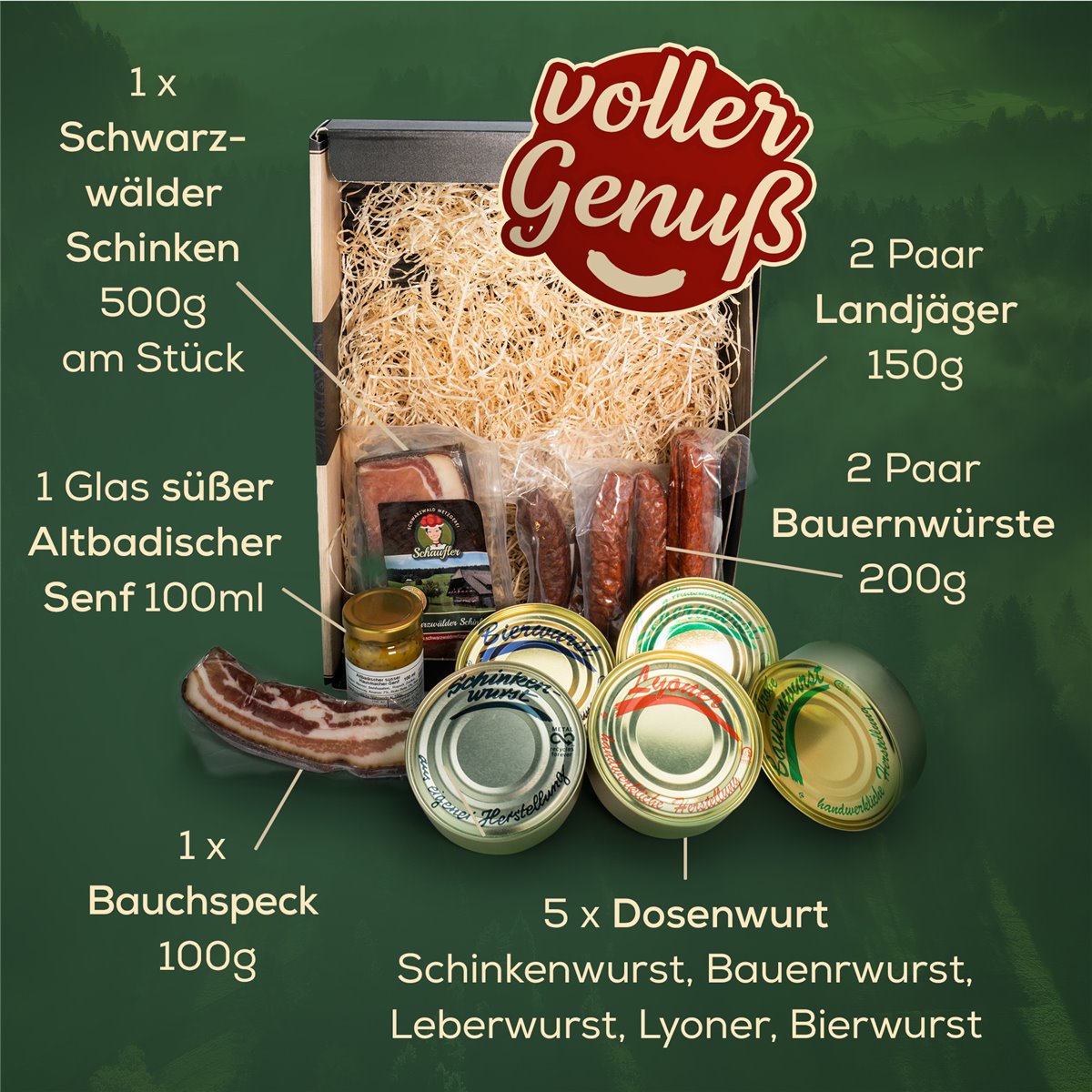 Dosenwurst und meeeeehr - toller Geschenkkorb mit Dosen, Schinken, Landjäger, Bauernwürste und Senf
