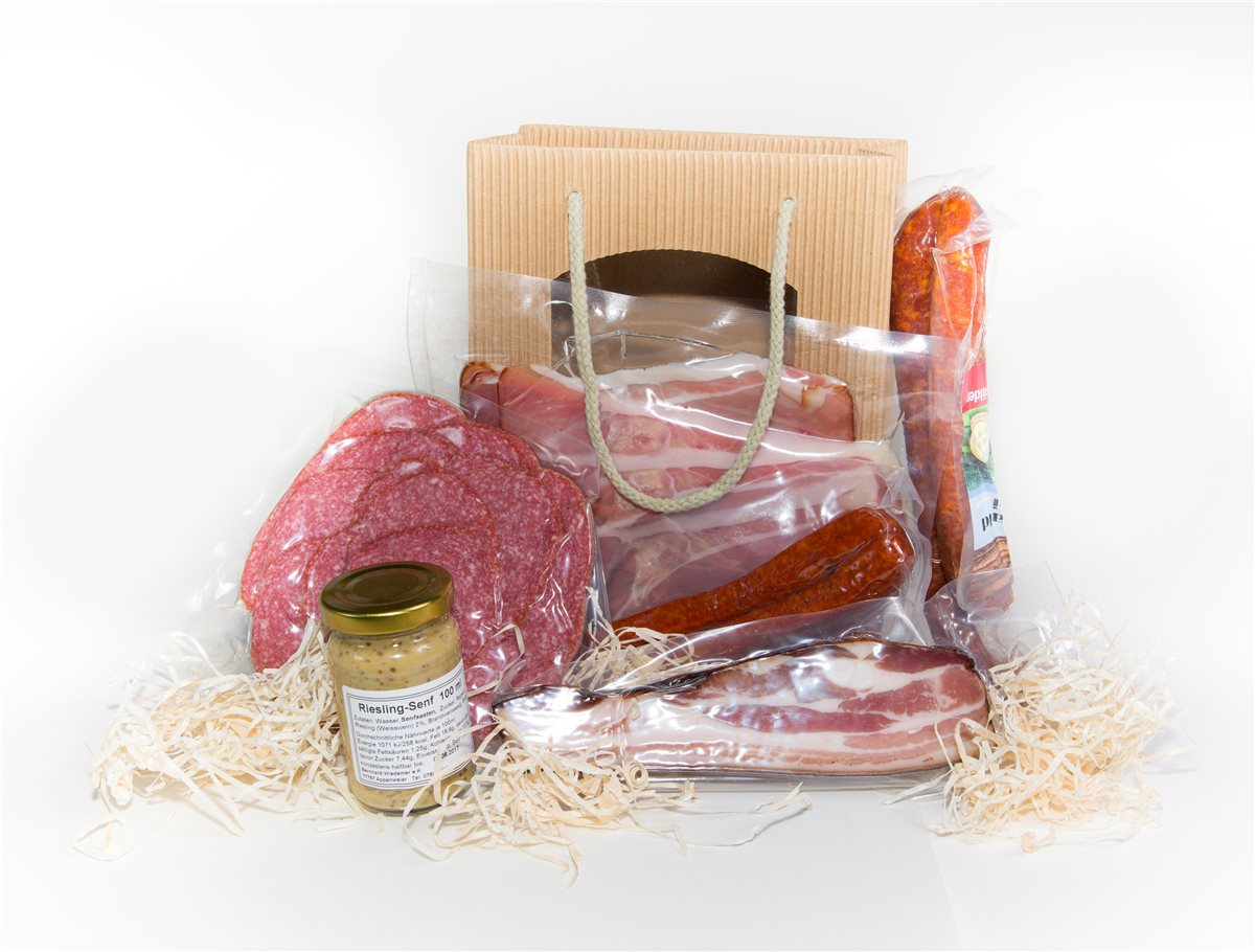 Schwarzwälder Shopping Täschle - "Imbiss" Geschenkkorb mit Schinken, Bauernwürste, Landjäger, Salami 
