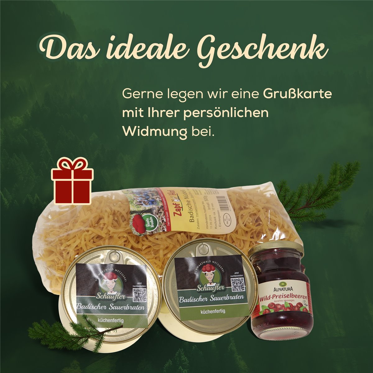 Festtagsbraten-Set: Badischer Sauerbraten - 800g Rinderbraten,Nudeln,Preiselbeeren
