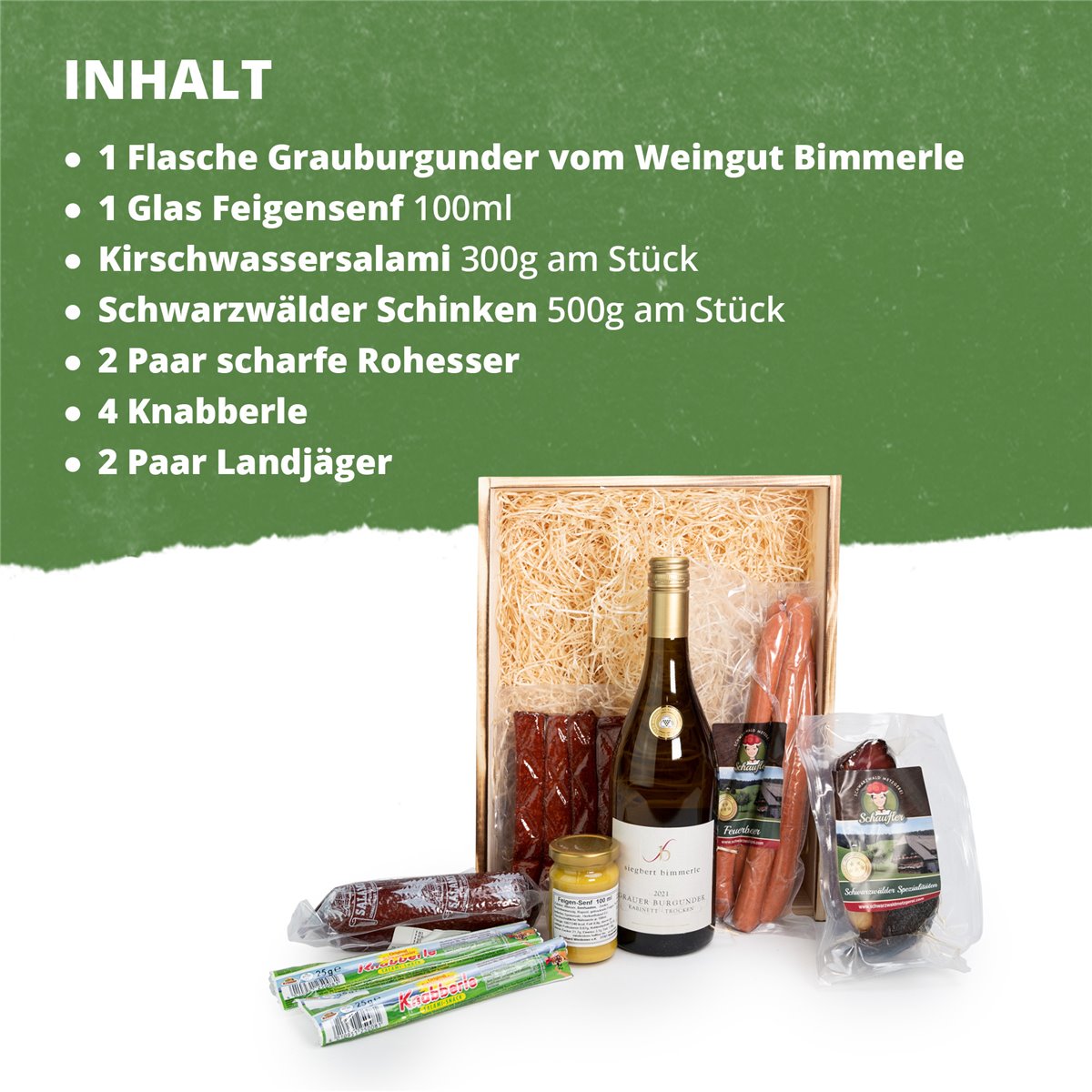 Schwarzwald Holzkiste - Wein in Holz-Kiste mit Wurst und Schinkenspezialitäten - 7-teilig
