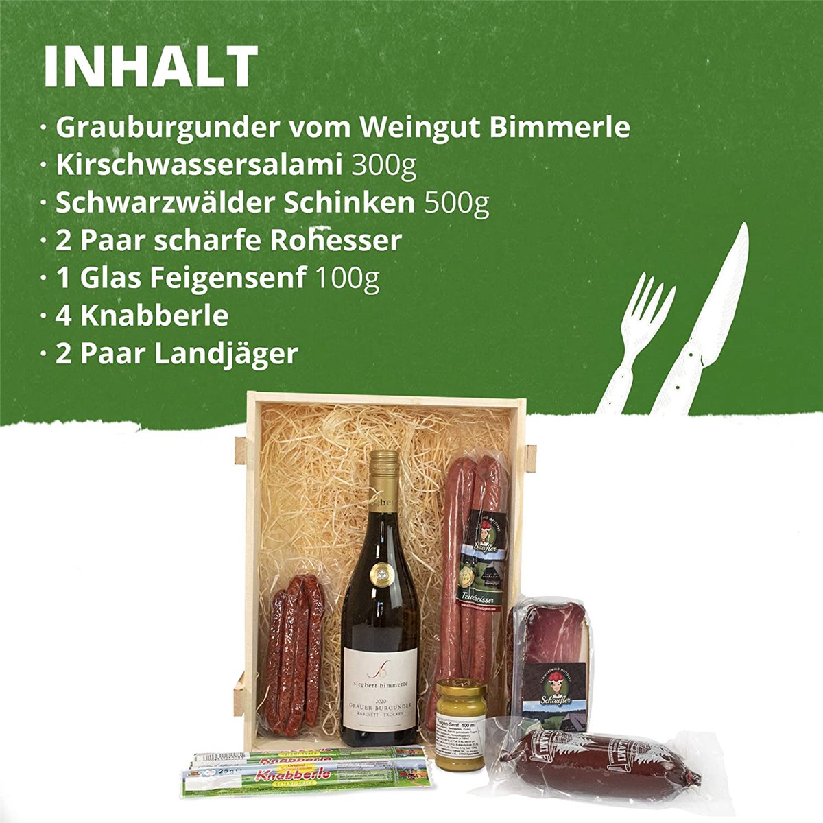 Schwarzwald Holzkiste - Wein in Kiste mit Wurst und Schinkenspezialitäten
Schwarzwald Holzkiste - Wein in Kiste mit Wurst und Schinkenspezialitäten