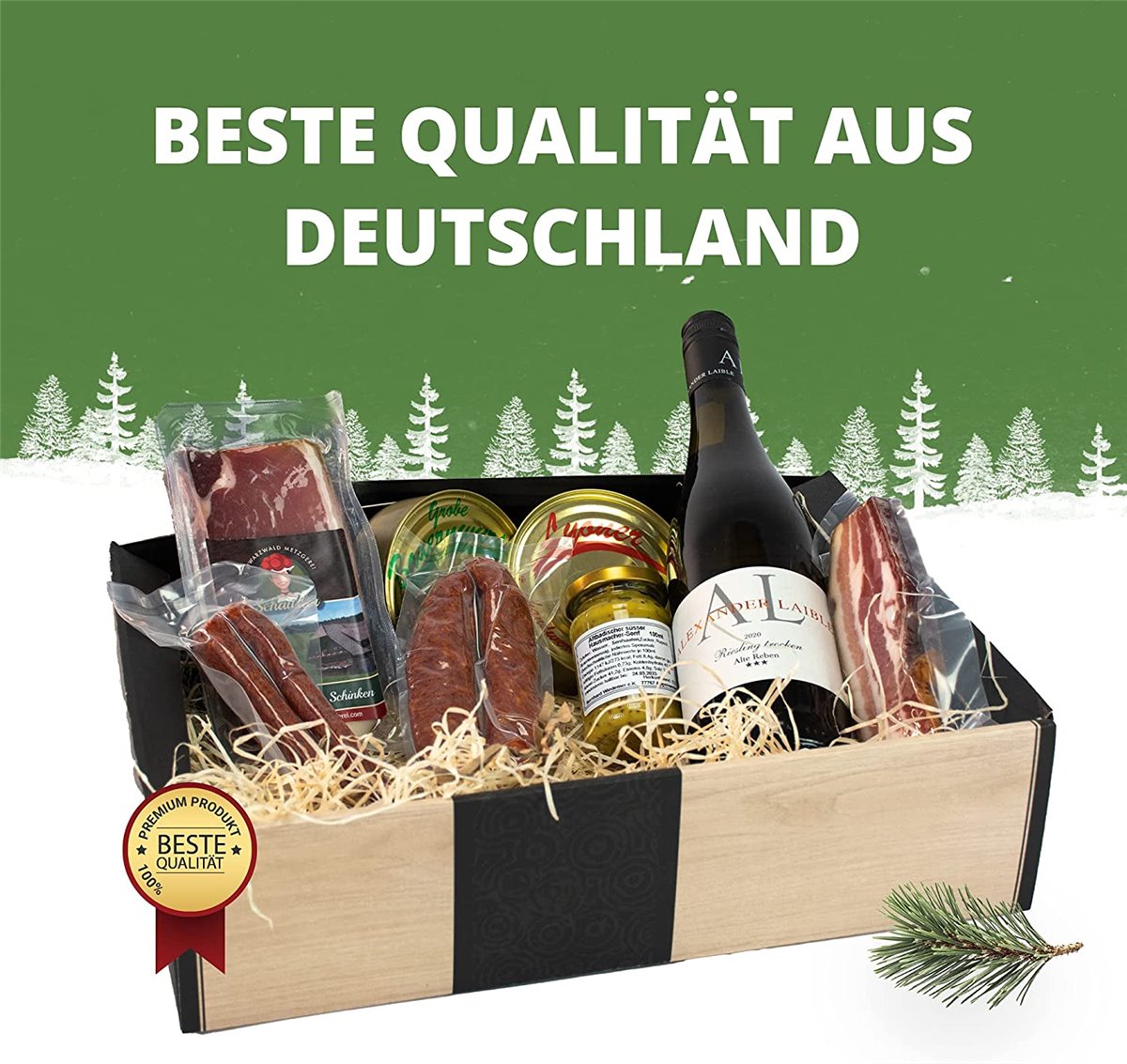 Badisches Feinkost "Vesper" Würste, Senf, Schinken, Dosenwurst, Weiswein - 8-teilig 
