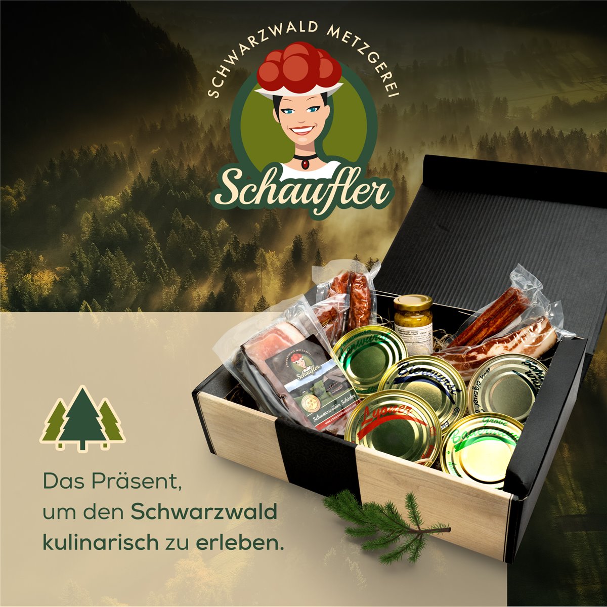 Dosenwurst und meeeeehr - toller Geschenkkorb mit Dosen, Schinken, Landjäger, Bauernwürste und Senf
