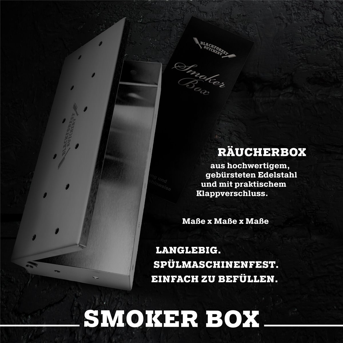 Blackforest Butchery - BBQ Räucherbox Set inkl. Räucherchips – Smokerbox aus Edelstahl – Smokergrill-Flair bei jedem Grillmodell - Maße: 14,5cm x B 13cm x H 4,5cm