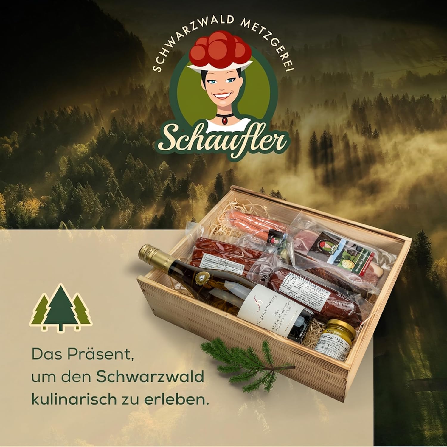 Schwarzwald Holzkiste - Wein in Holz-Kiste mit Wurst und Schinkenspezialitäten - 7-teilig