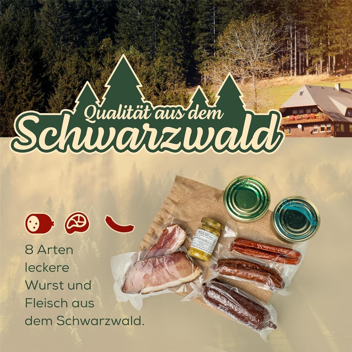 Geschenkkorb – im Leinentäschle – 8-teiliger Präsentkorb mit leckeren & herzhaften Wurstspezialitäten
