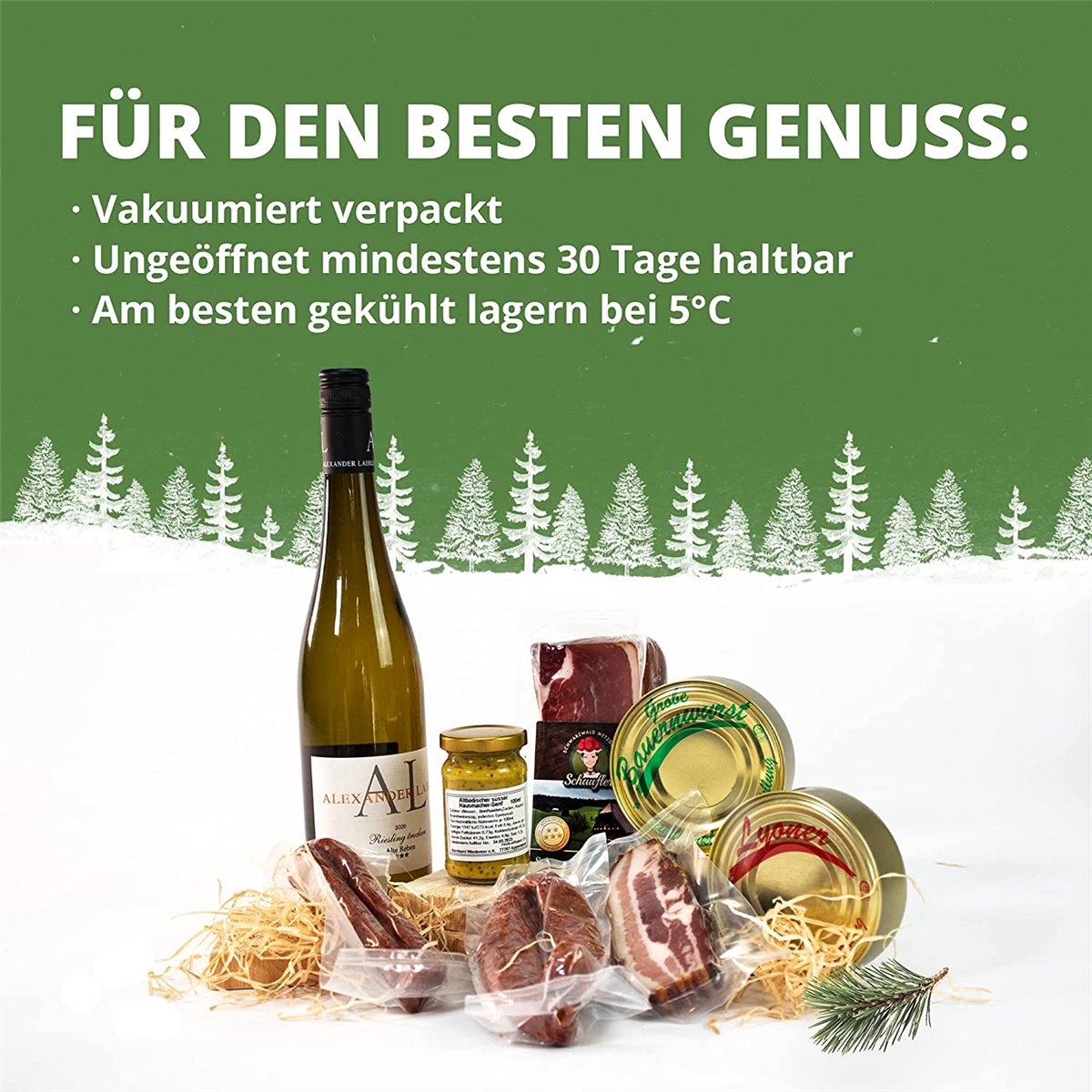 Badisches Feinkost "Vesper" Würste, Senf, Schinken, Dosenwurst, Weiswein - 8-teilig 
