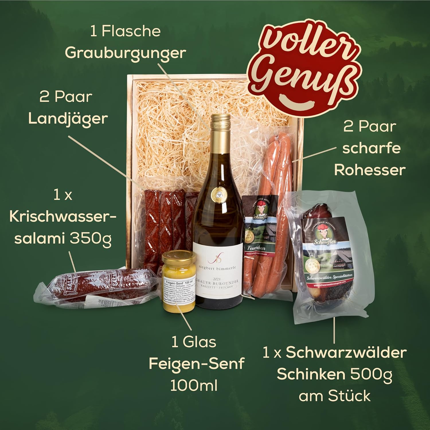 Schwarzwald Holzkiste - Wein in Holz-Kiste mit Wurst und Schinkenspezialitäten - 7-teilig